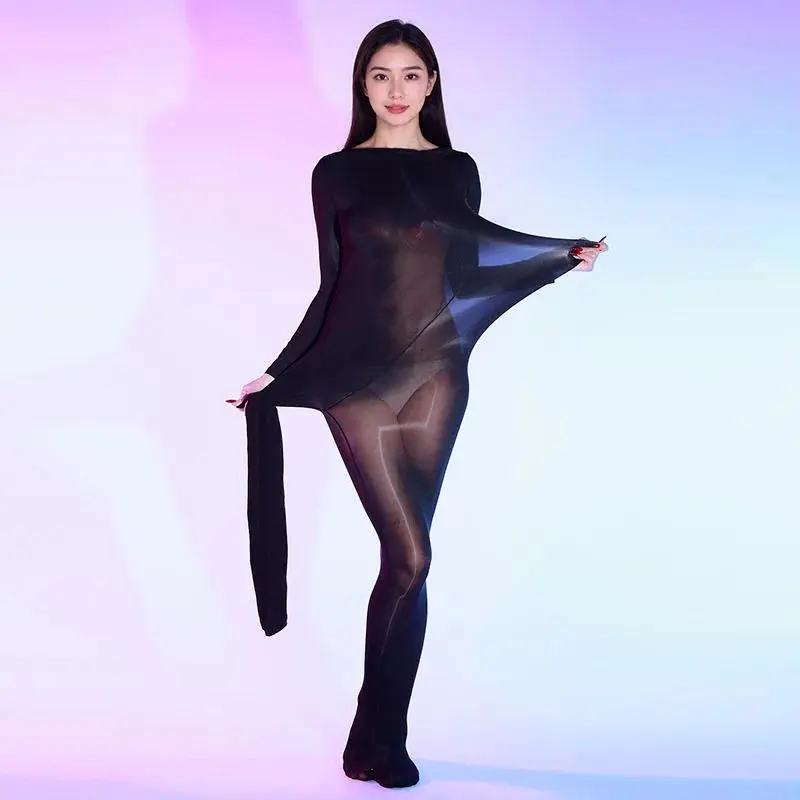 Women's Turtleneck Bodysuit, Plus Size Seamless Long Sleeve Bodycon Lingerie in Glossy Oil-Shiny Nylon for All Seasons Daily Wear, Female, Nylon Fabric, Brand New, Oil-Shine Gloss