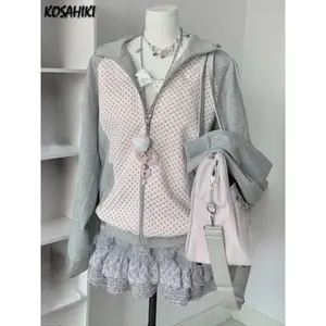 Japanese Polka Dot Patchwork Hooded Coat Y2k Aesthetic Women Contrast Color Casual Loose Jackets Harajuku Autumn Zipper Jacket