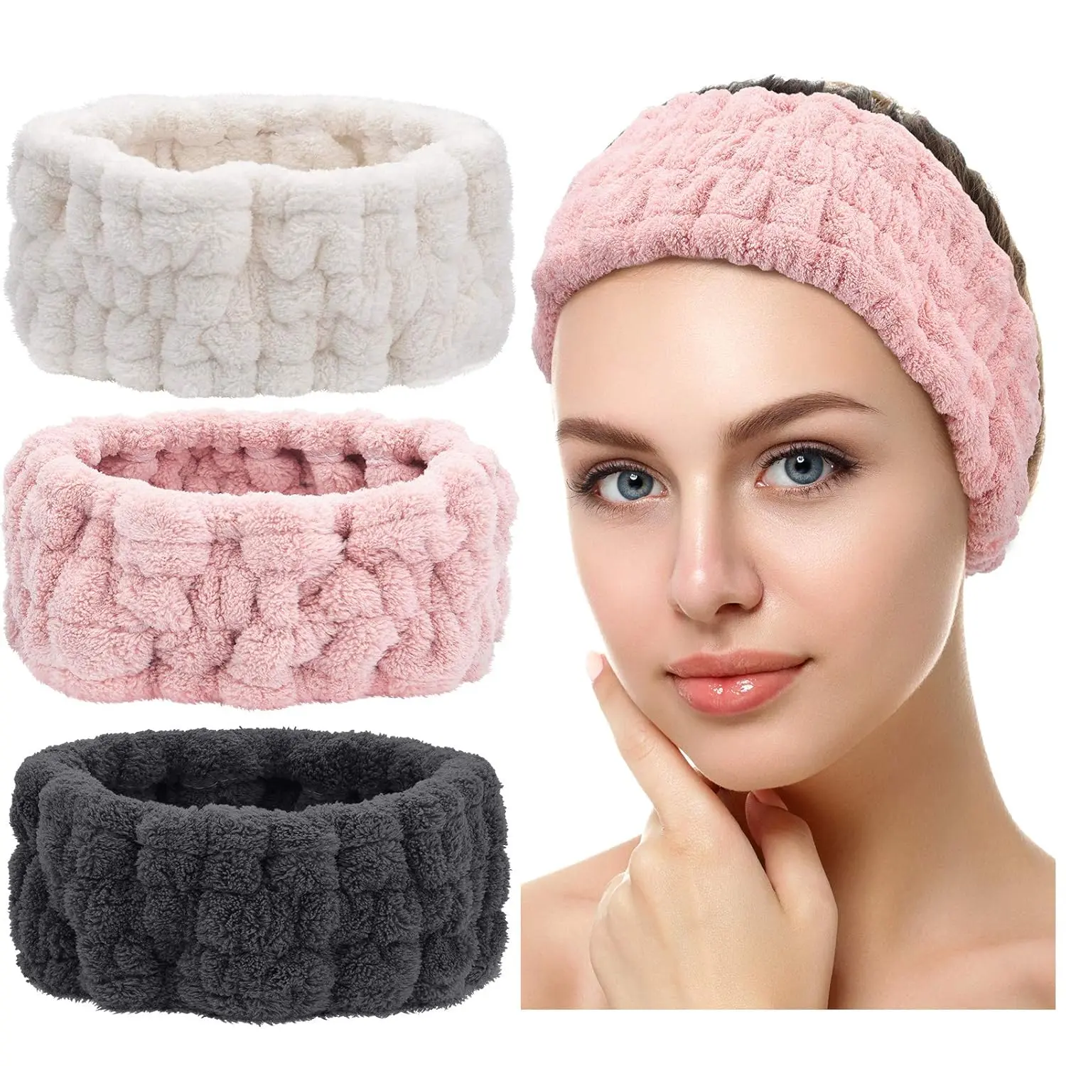 Women's 3-Count Washable Facial Makeup Headbands - Milky-White, Dark Grey, Modern, Simple Look, Stretchable, Soft Towel Band, Adjustable, for Shower & Yoga Use