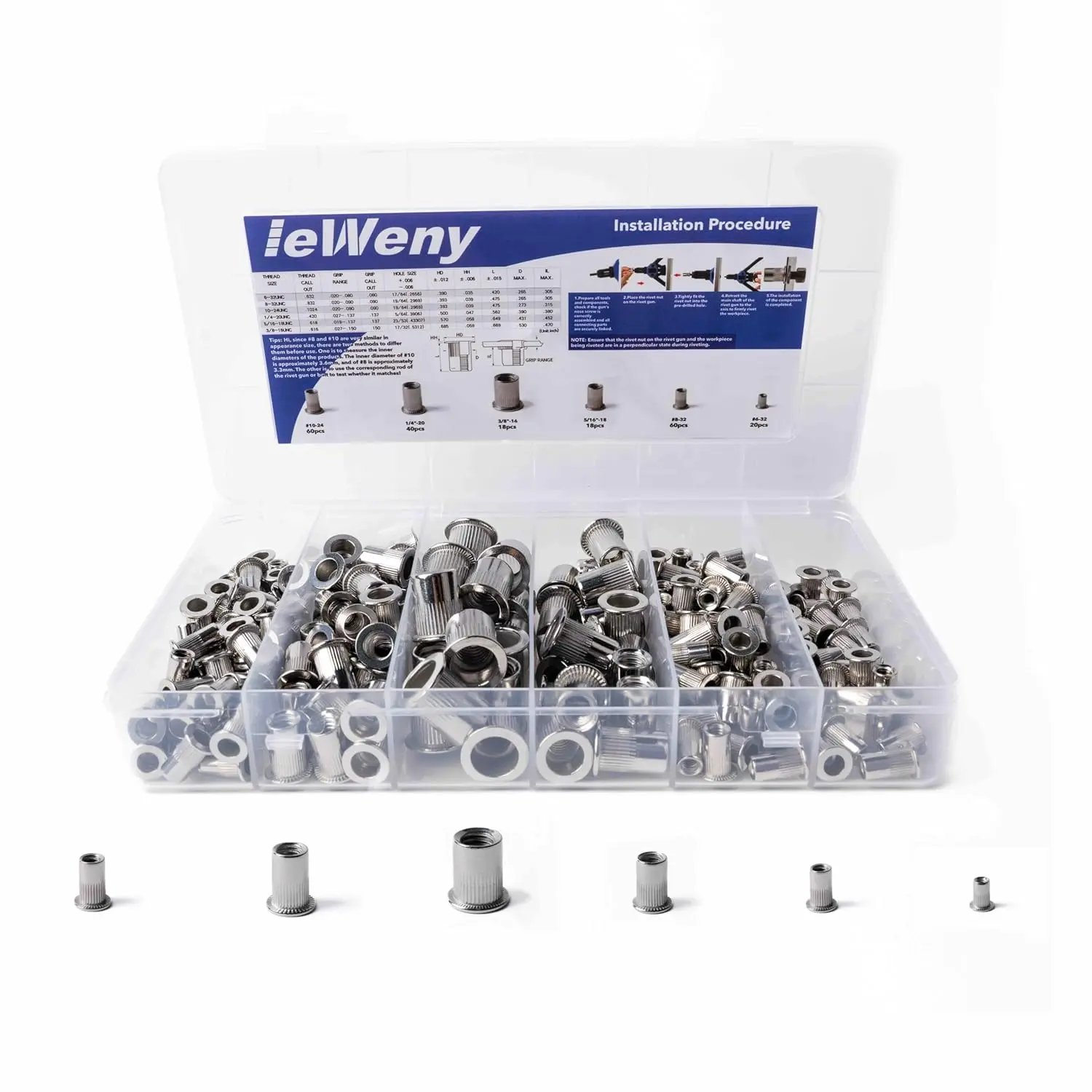 Stainless Rivet Nut Assortment Kit(216Pcs), 1/4"-20, 3/8"-16, 5/16"-18,#10-24,#8-32,#6-32UNC SAE Rivnuts Set, Threaded Inserts for Sheet, Automative and Out Door Panel