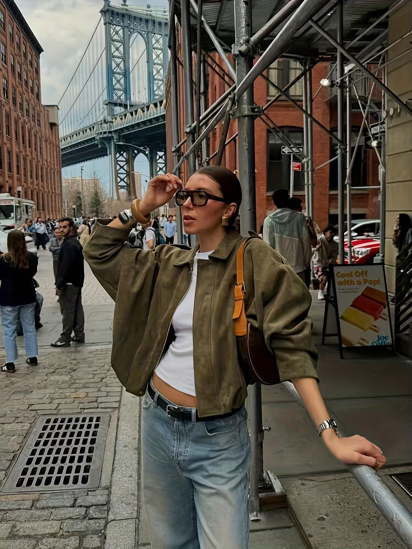 Women's Military Jacket, Army Green Loose Fit Coat For Spring & Autumn