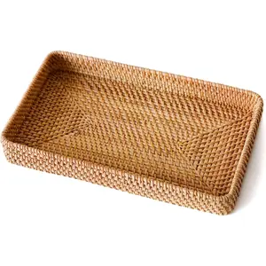 Wicker Storage Basket Rectangular Rattan Tray Decorative Woven Seagrass Tray for Bathroom Living Room Organizing Serving Storage Home Decor L(14.6" × 9.1")