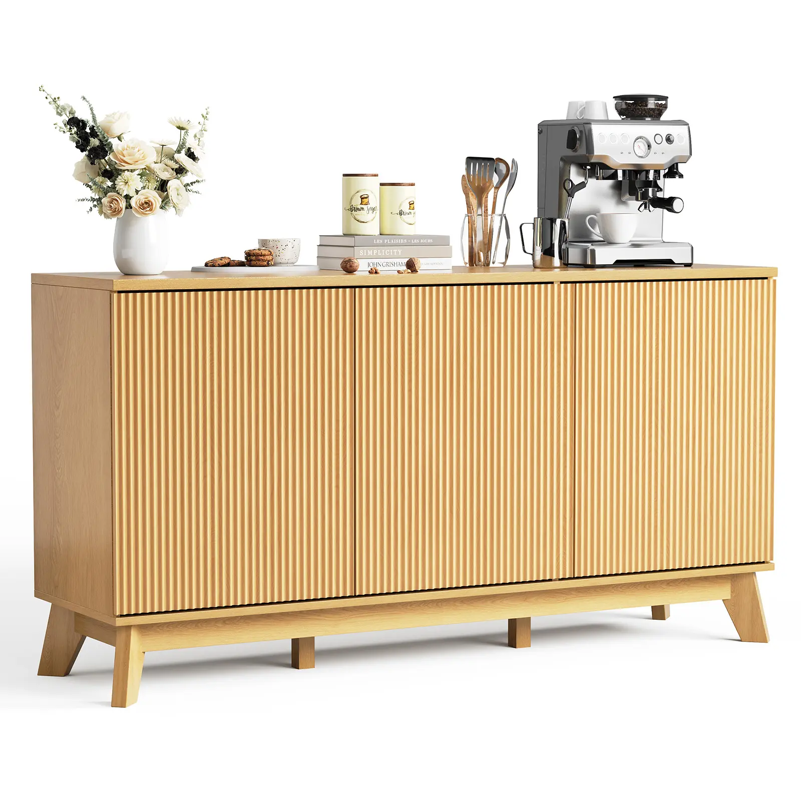 Modern Farmhouse Fluted Sideboard Buffet Cabinet – 58in Wooden Credenza with 3 Doors & Adjustable Shelves – Versatile Storage for Kitchen, Dining Room, Living Room, Coffee Bar