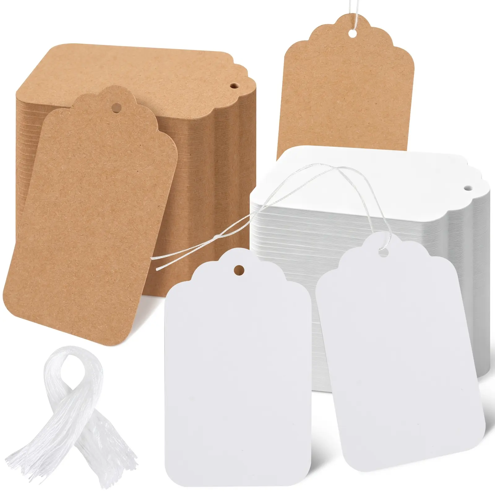 Gift Tags with String, 1.7 x2.9 inch Blank Price Tags, Writable Kraft Paper Hang Tag for Clothing, Weddings, Parties, Gifts, DIY Crafts (Brown and White)