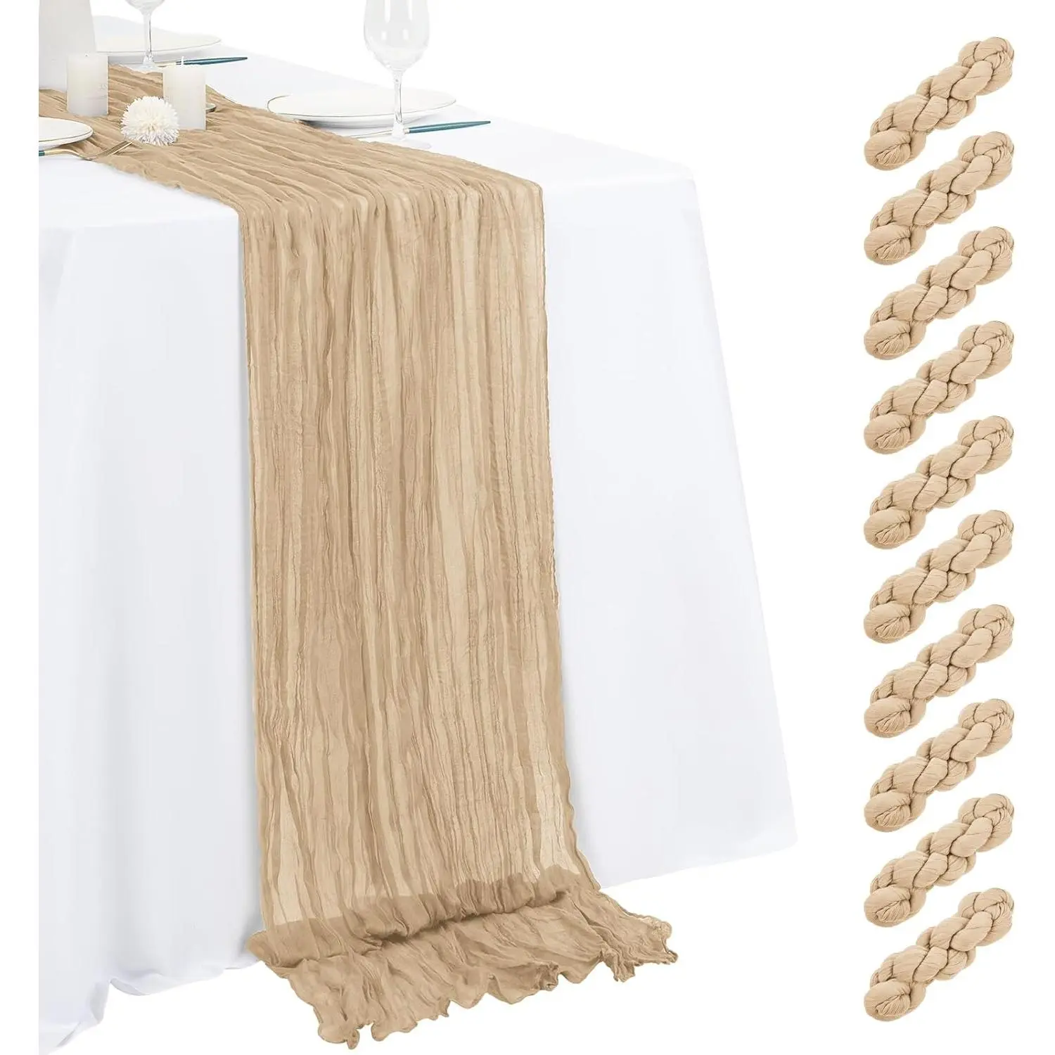 10 Pack Beige Cheesecloth 17x108 Inch Semi Sheer Boho Gauze Cheese Cloth Table, for Wedding Bridal Shower Birthday Home Decor Farmhouse