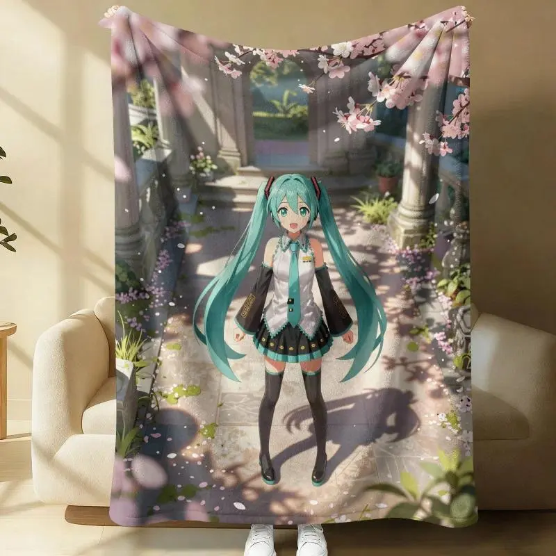 Hot Anime H-Hatsune M-Miku Cherry Blossom Garden Flannel Throw Blanket Anime Fan Gift Summer Nap Throw Sofa Blanket Bed Cover Travel Blanket Cozy Vibes, Holiday Gift, Must-Have, Book Lover, Comfortable Throw, Warm Blanket, Fantasy Fans, Winter Decor, Gift