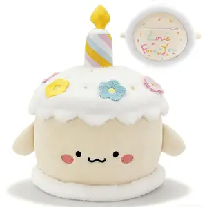 Birthday Cake Toy Cute Cake Plush Dessert Plush with Hidden Love You Forever Embroidery 8.6" for Kids Adults Home Desk Decor (Beige-Yellow)