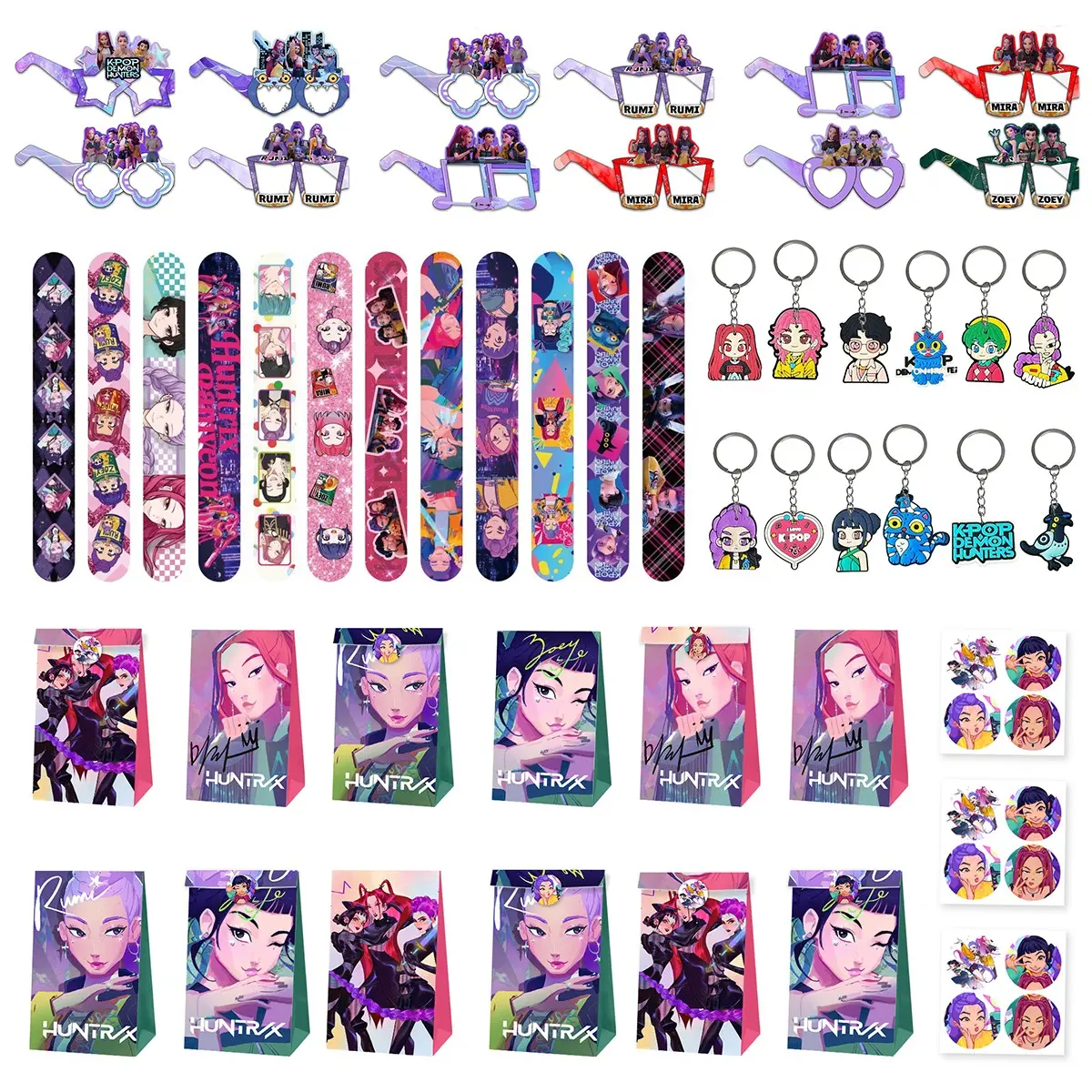 4 Korean cartoon girl group party gifts, perfect for party favors, including 12 cartoon glasses, 12 wristbands, 12 keychains, and 12 gift bags. Everyone gets their own special gift and will remember this party. Goodies Set