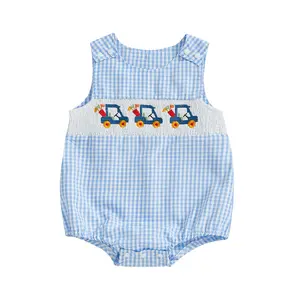 Baby Boy Girl Clothes Newborn Smocked Bubble Romper Embroidery in Plaid/Striped Overall Bodysuit Outfit