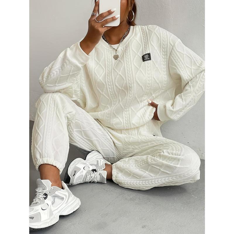2025Women's Cozy Textured Pants Set - Soft Long Sleeve Crew Neck Sweatshirt, Comfortable Jogger Sweatpants Outfit, Casual Wear Daily Life, Suits Chic Womenswear Clothes Polyester2025
