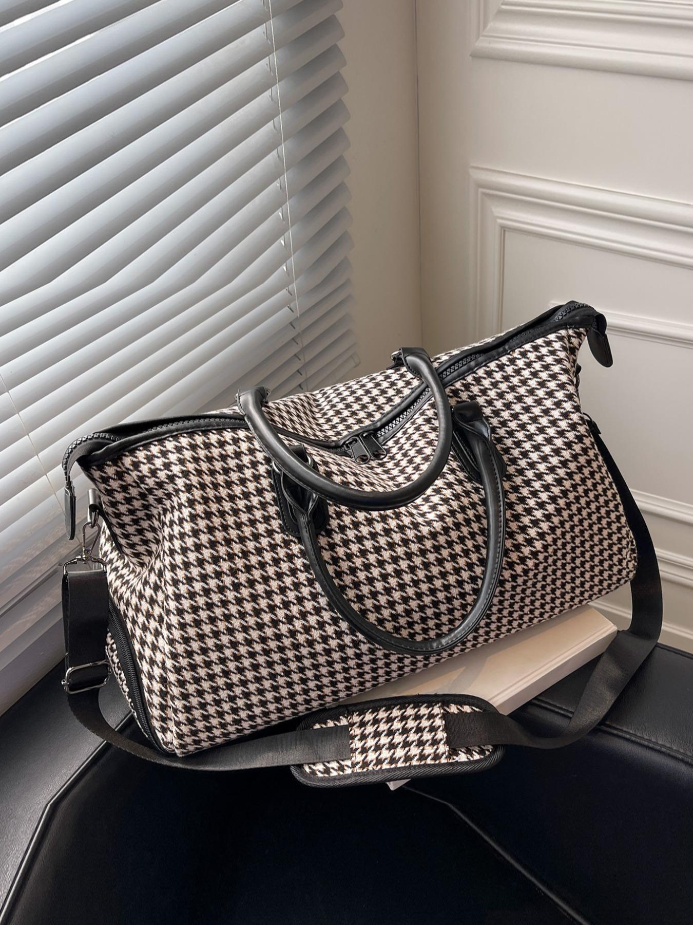 Houndstooth Pattern Travel Bag for Women & Men, Lightweight Large Capacity Zipper Bag, Casual Trendy Versatile High-quality Daily Commuting Bag, Travel Duffle Bag, Travel Duffel Bag, Canvas Travel Bags