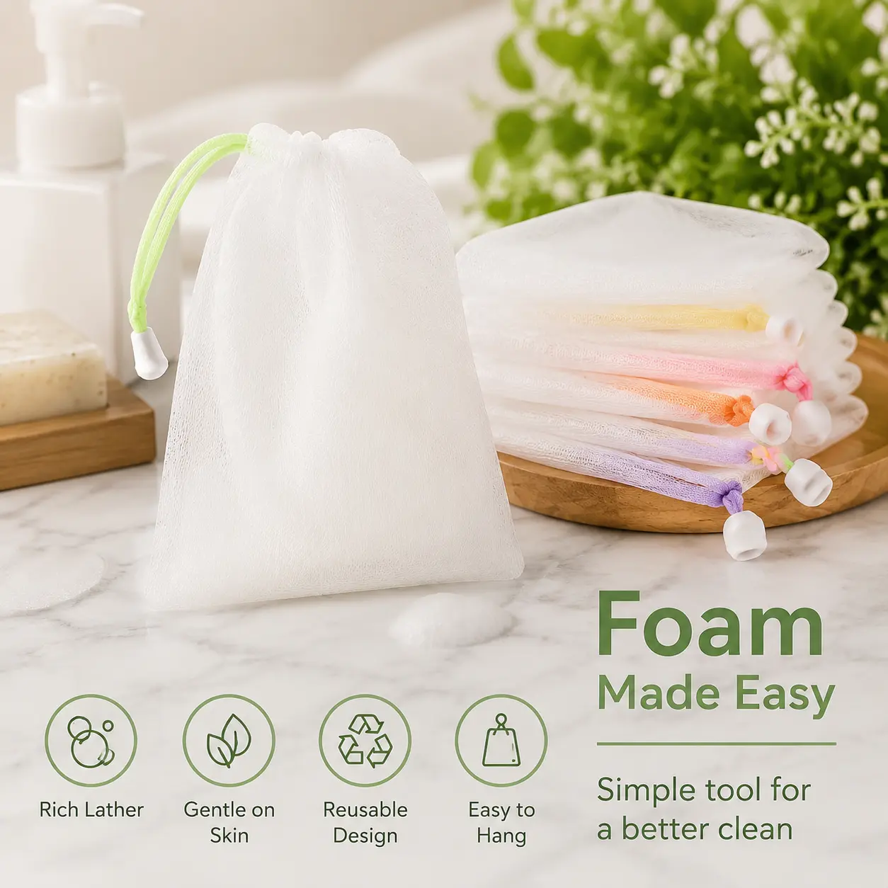Premium Foaming Mesh Net for Facial & Body Cleansing – 10-Pack Exfoliating Soap Sponge Bag with Drawstring Closure, Soft Microfiber Bubble Maker for Gentle Daily Use in Shower or Bath
