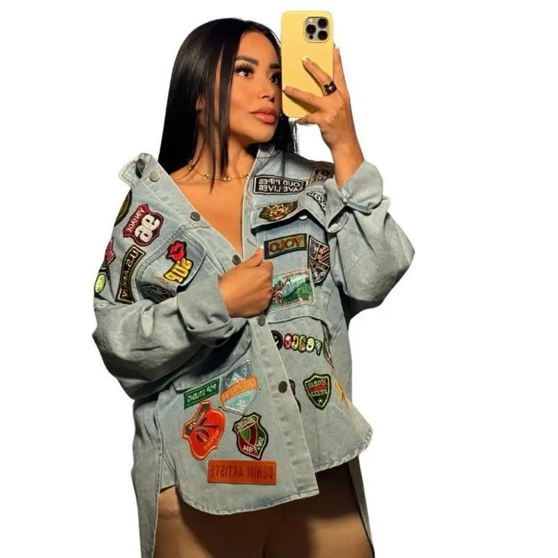 Repair denim jacket full design - women's casual slim fit long sleeved top, nostalgic patch style, suitable for daily wear