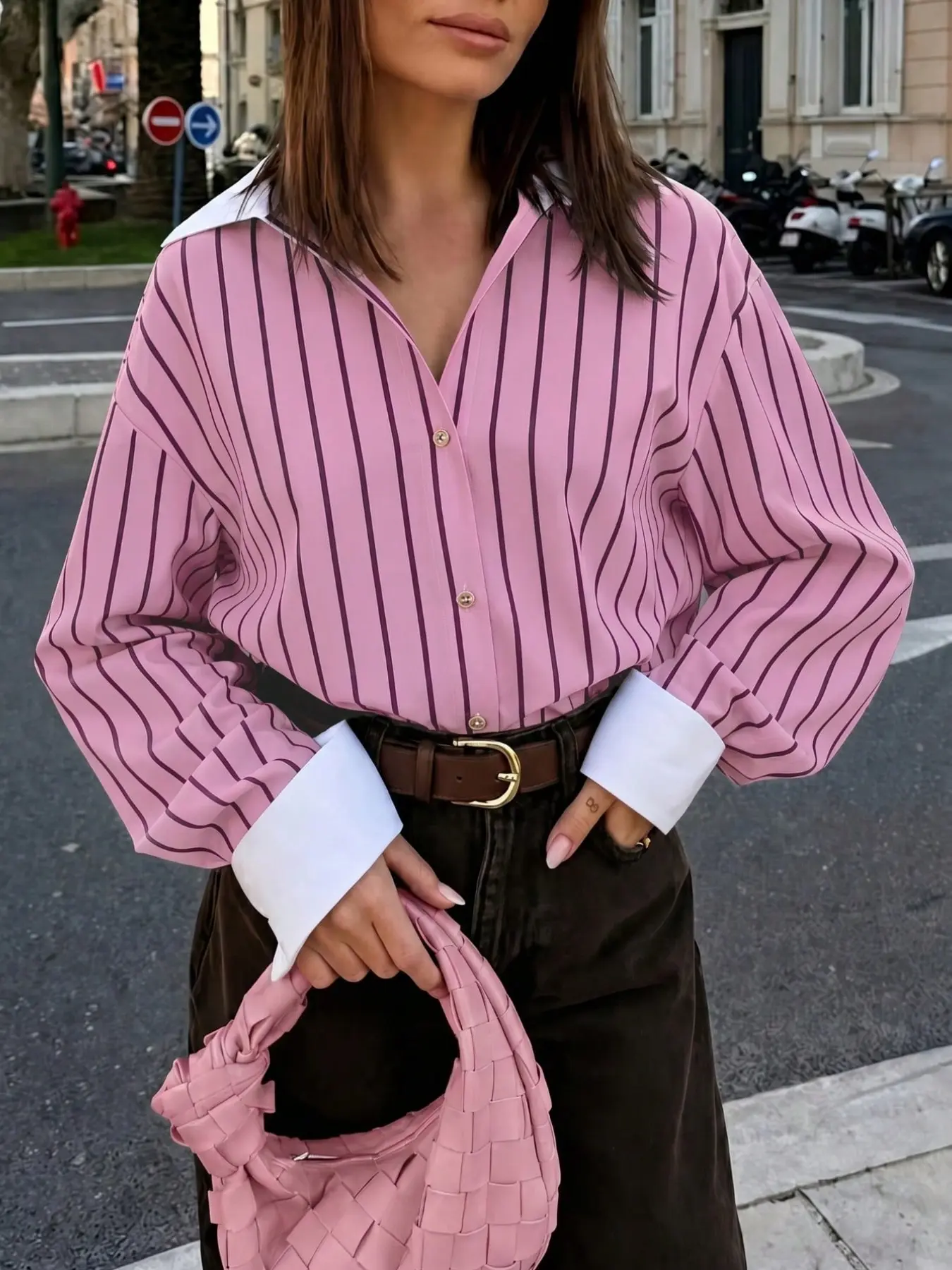 Women's Striped Woven Fabric Patchwork Collar Contrast Loose Shirt Blouse, Casual Office Wear, Summer Autumn Fashion
