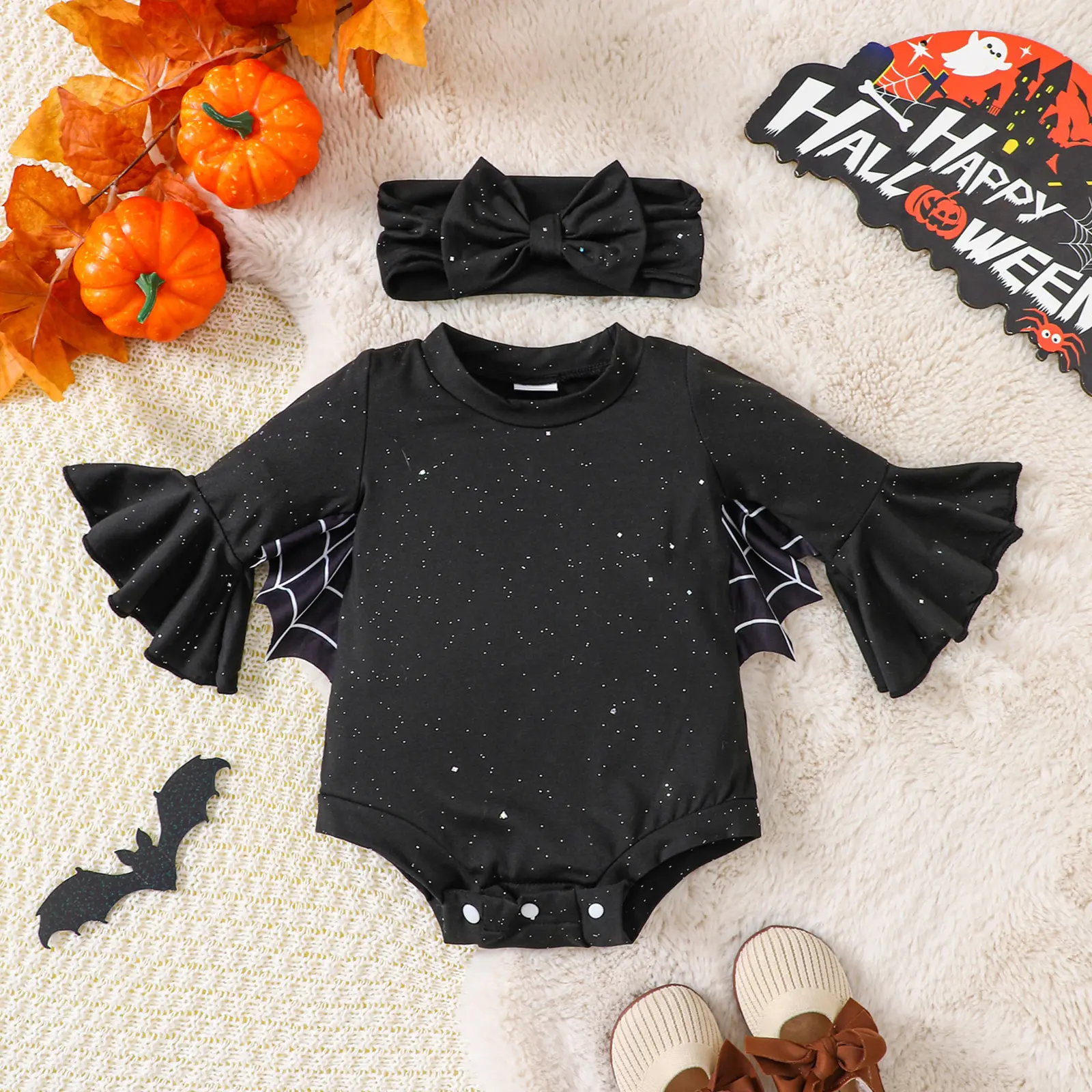 FOCUSNORM Infant Baby Girls Halloween Outfit Black Bat Costume Flared Long Sleeve Onesie Romper Bodysuit Headband 2pcs Outfit Fall Clothes