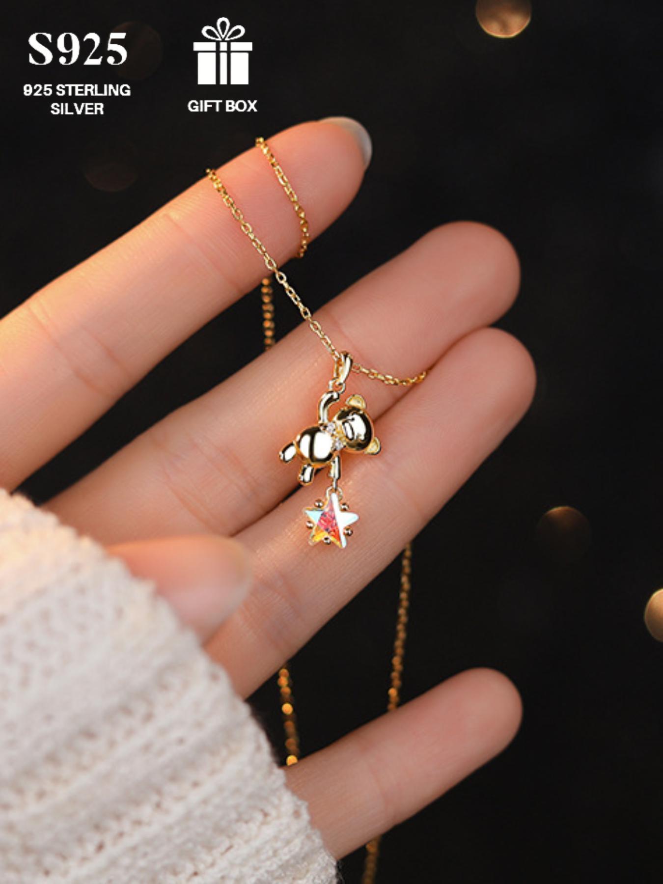 S925 Sterling Silver Cute Bear & Star Design Pendant Necklace, Animal Pendant, Fashion Jewelry for Party, Daily Decor, Trendy All-match & Exquisite Jewelry for Birthday Gift