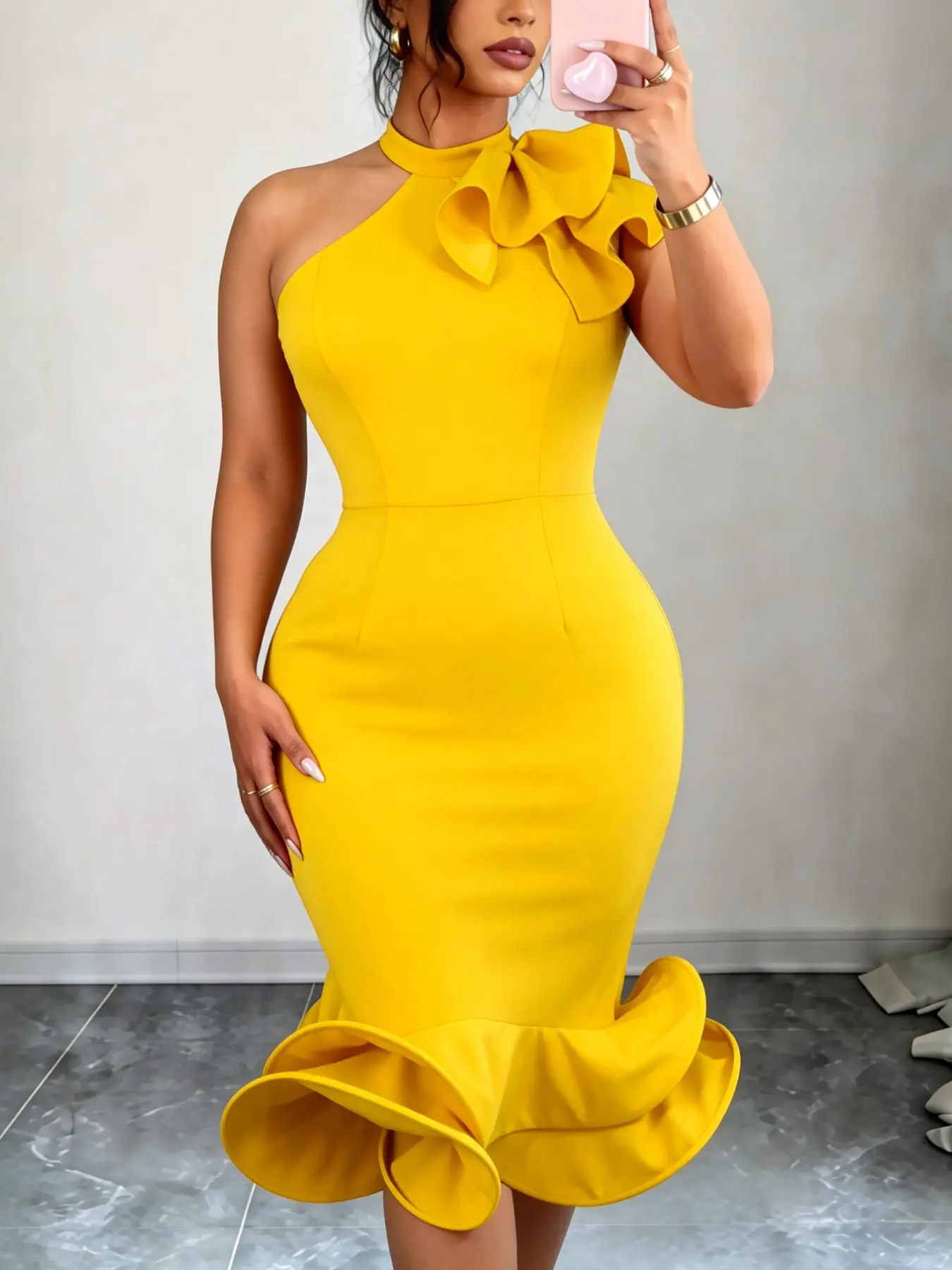 Elegant Asymmetrical Neckline Ruffle Midi Dress, Sleeveless Bodycon Fish Tail, Perfect for Parties and Weddings, African Style Guest Wear