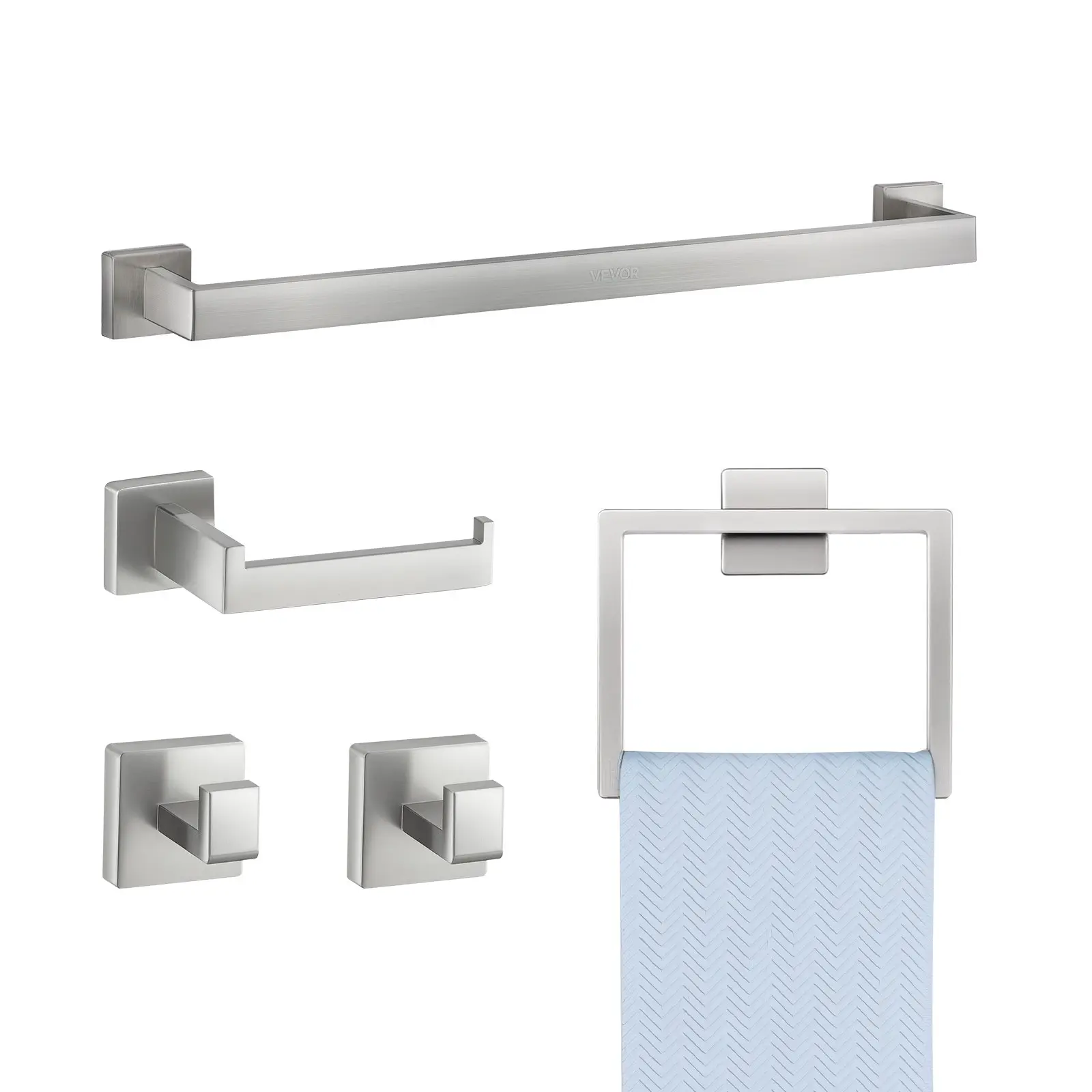 VEVOR Brushed Nickel Bathroom Hardware Set, 5 Pieces Bathroom Accessories Set, Stainless Steel 24 inch Towel Bar, Towel Rack, 2 Robe Towel Hooks, Toilet Paper Holder for Bath Room, Wall Mounted