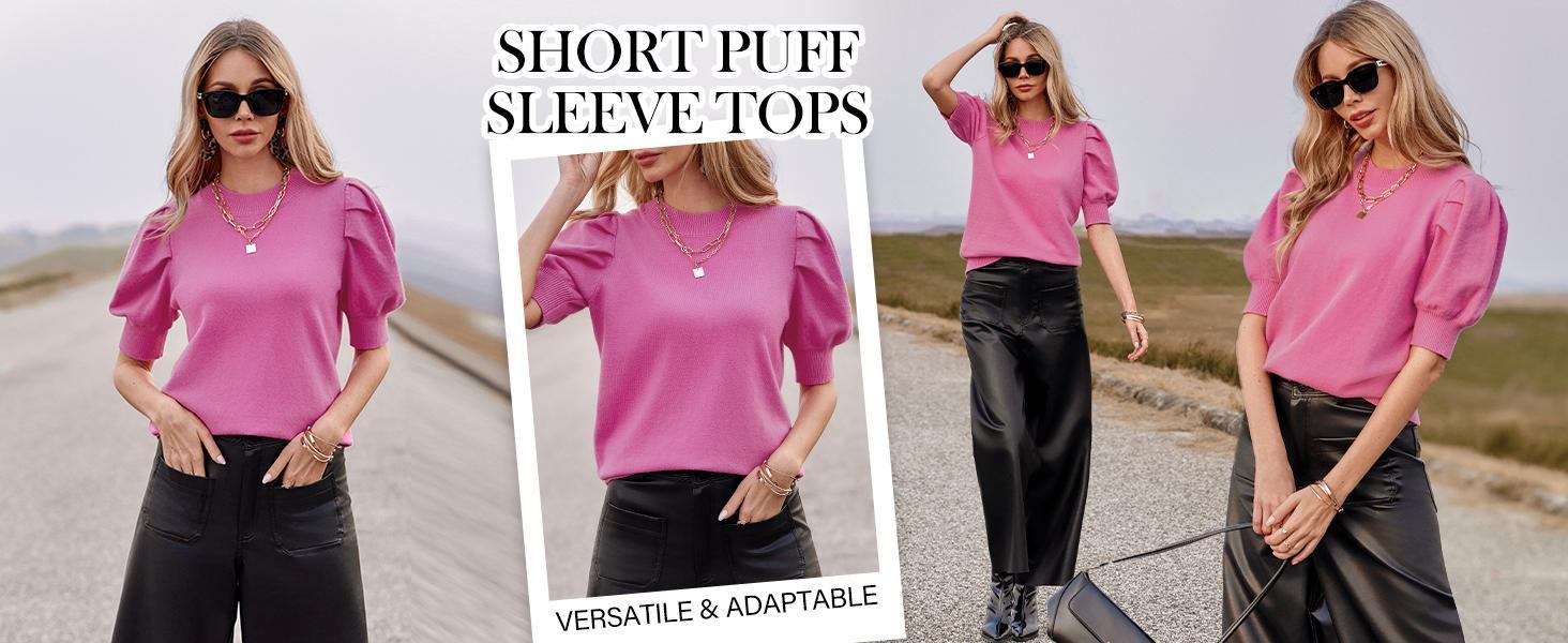 Imily Bela Women's Puff Short Sleeve Sweater Tops 2023 Spring Summer Trendy Square Neck Casual T Shirts Blouses