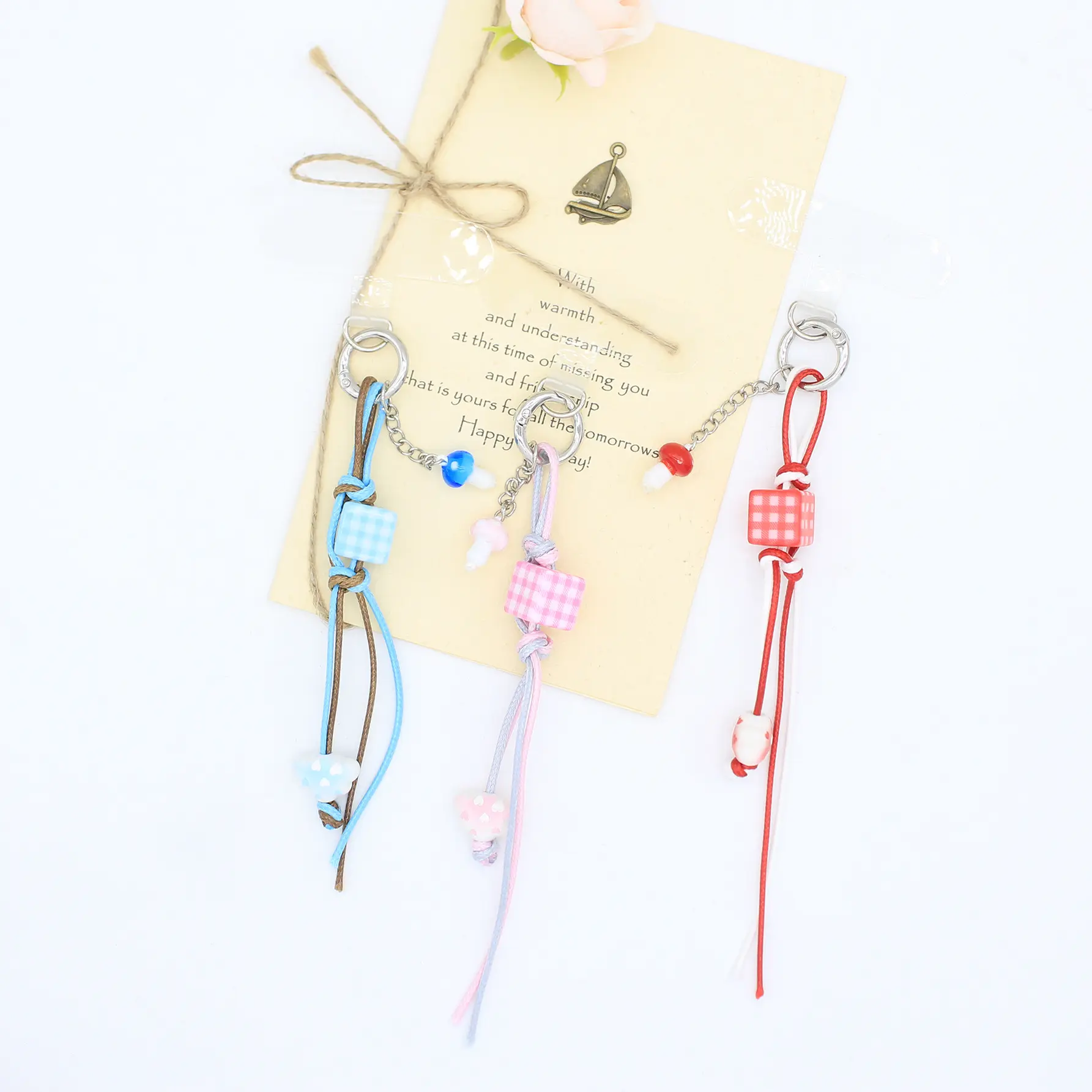 Handmade Wax Cord Phone Strap - Minimalist Beaded Wrist Lanyard with Checkered Beads, Cute Keychain, Bag Charm Accessories