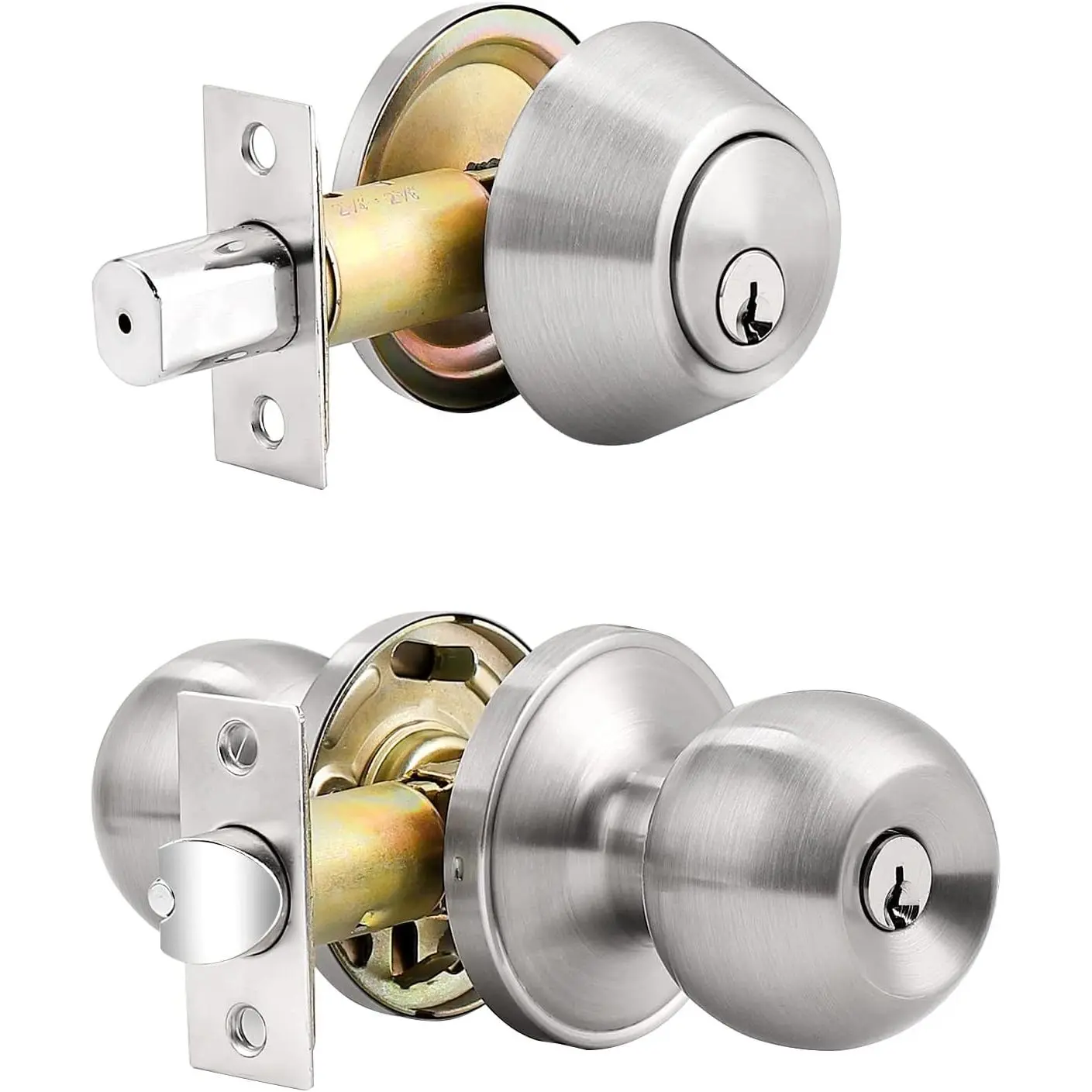 Brushed Nickel Entry Door Knob with Single-Cylinder Deadbolt Set, Adjustable Backset, ANSI Grade 3 Lock + Bolt for Exterior Doors with Key-Alike Keys