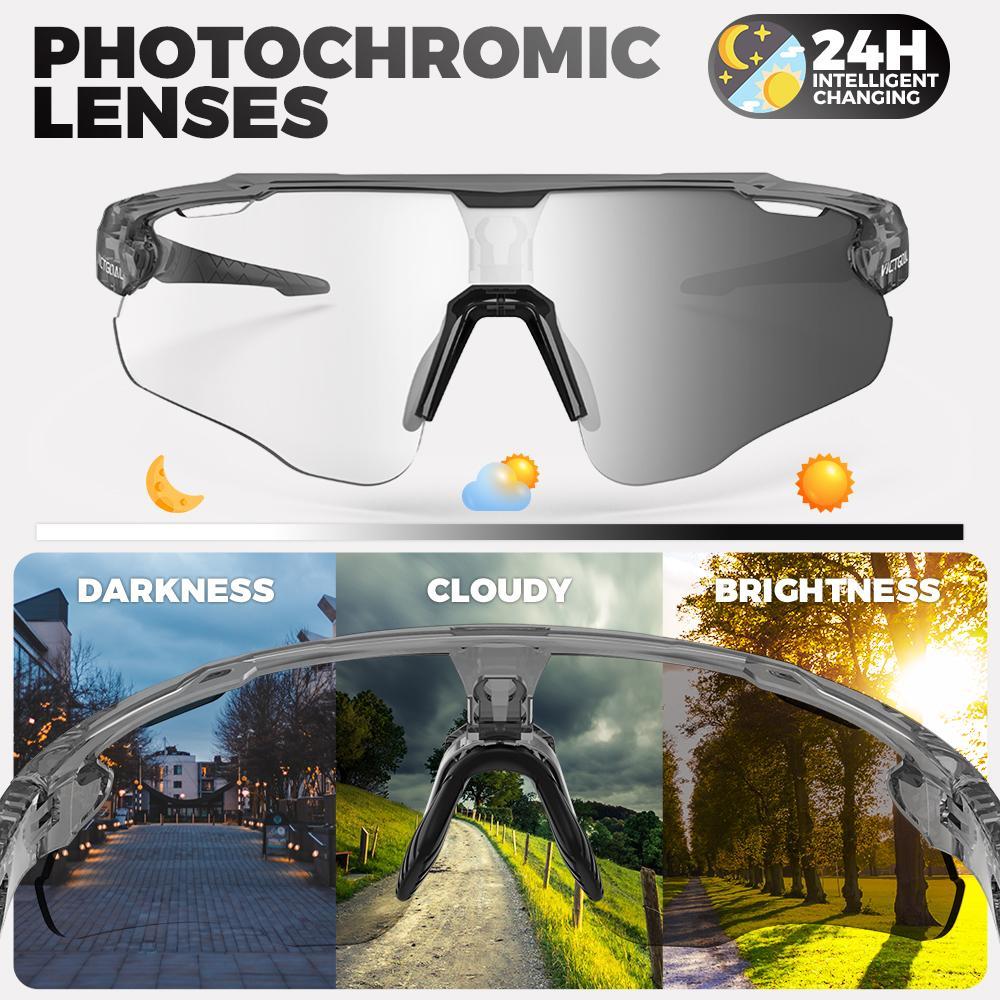 Photochromic Sports Glasses, UV400 Protection Bike Eyeglass for Fishing Jogging Camping, Lightweight TR90 Frame Glasses for Men & Women, Photochromic Cycling Glasses