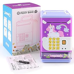 ZY   Mini ATM Savings Machine with Personal Password & Fingerprint Unlocking Simulation - Music Box with Songs for, Boys and Girls 3-8 Years (Purple) Decor Piggy Transparent Set Ornaments Pink Add Swipe Card Function