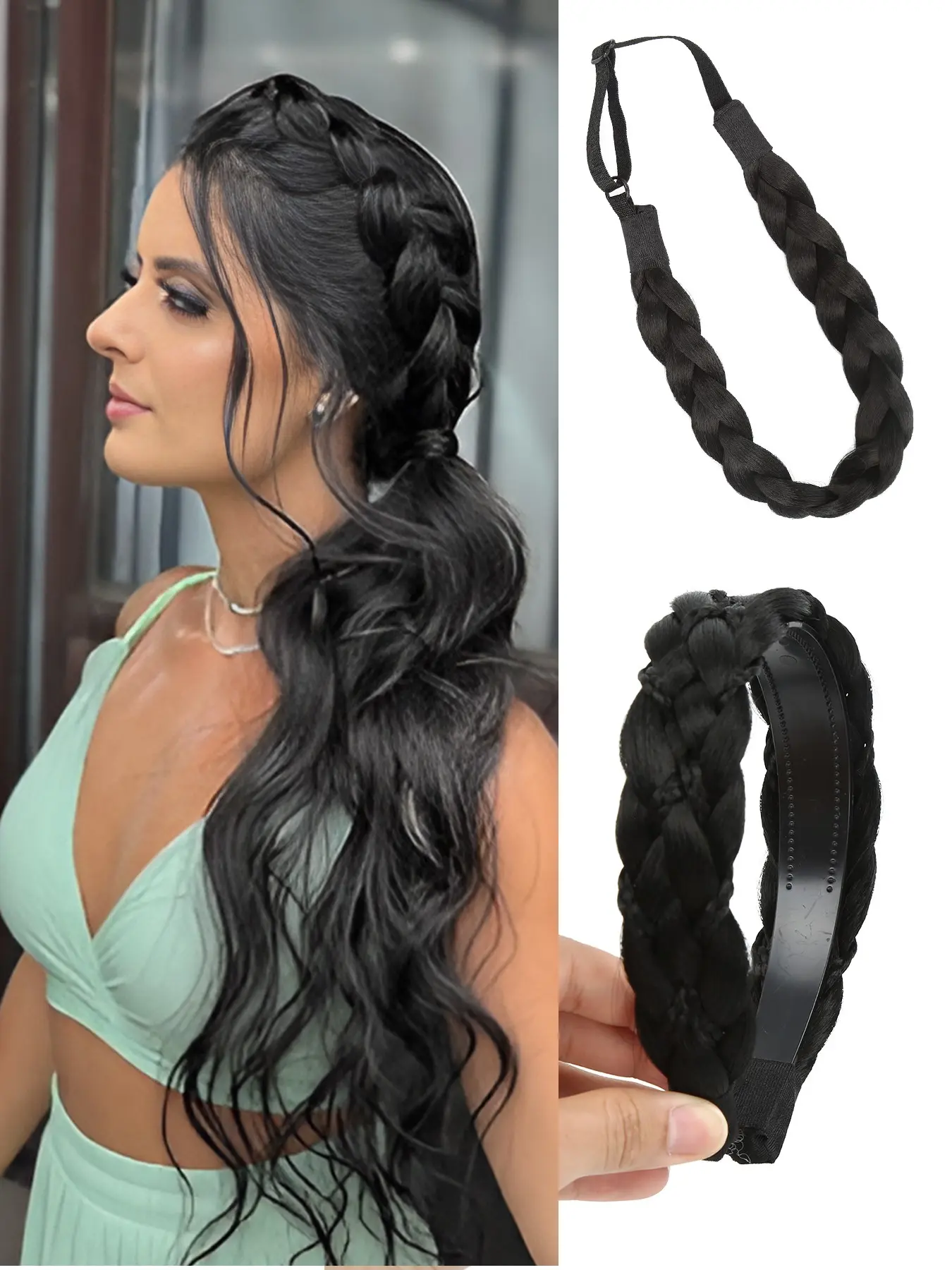 （Black）2-Pack: 14-Inch Braided Headbands for Women Synthetic Fiber Hairbands featuring a Pre-StretchedBraided Design and Non-Slip Comb Teeth. Stylish andVersatile, Perfect for Daily Wear, Parties, Carnivals, MusicFestivals, and Other Events.