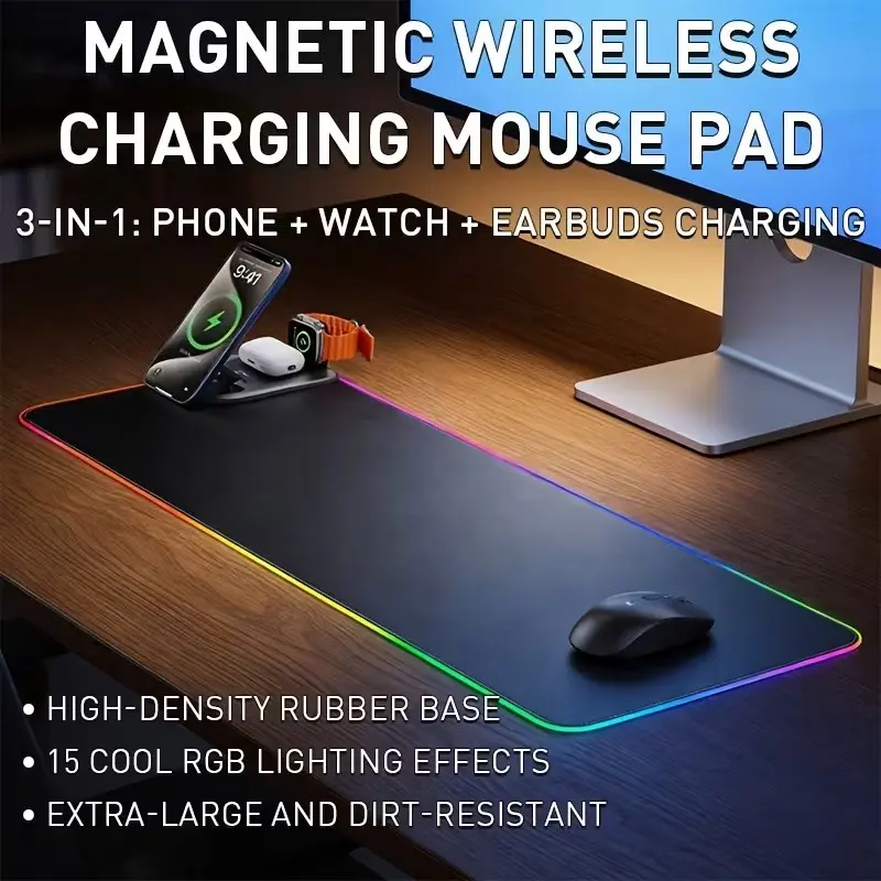 15w 3-In-1 Wireless Charging Mouse Pad, Customizable Office Desk Mat, RGB Lighting Gaming Pad, Large Rubber Mouse Pad, Led Mouse Pad With Wireless Charger