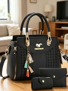 Women's Fashion Shoulder Bag Set, Casual Geometric PU Material, Three-Piece Versatile Clutch, Perfect for Shopping and Outing