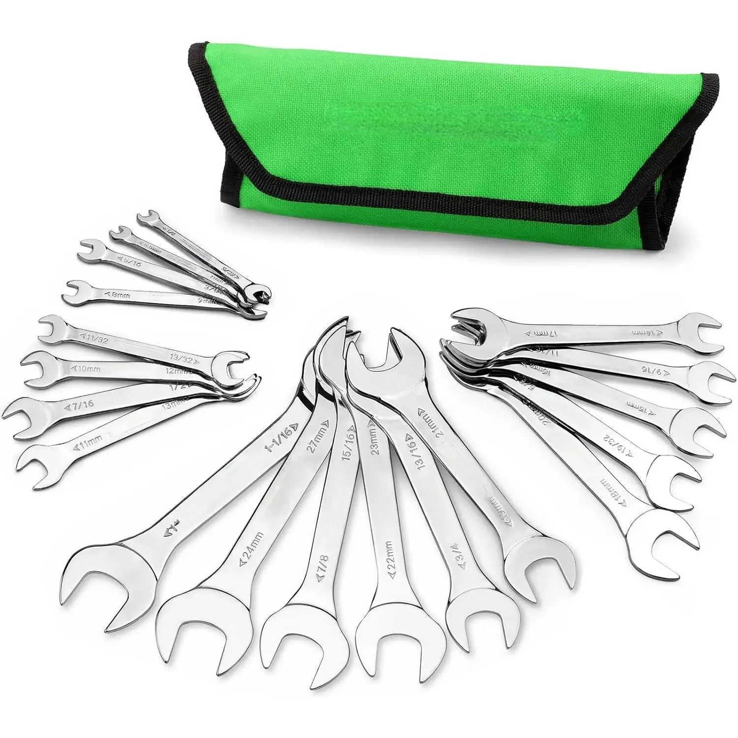 19Pcs Super-Thin Open End Wrench Set, Carbon Steel SAE & Metric Slim Spanners (1/4"-1-1/16" & 5.5mm-27mm) with Rolling Pouch, Mechanic Tools