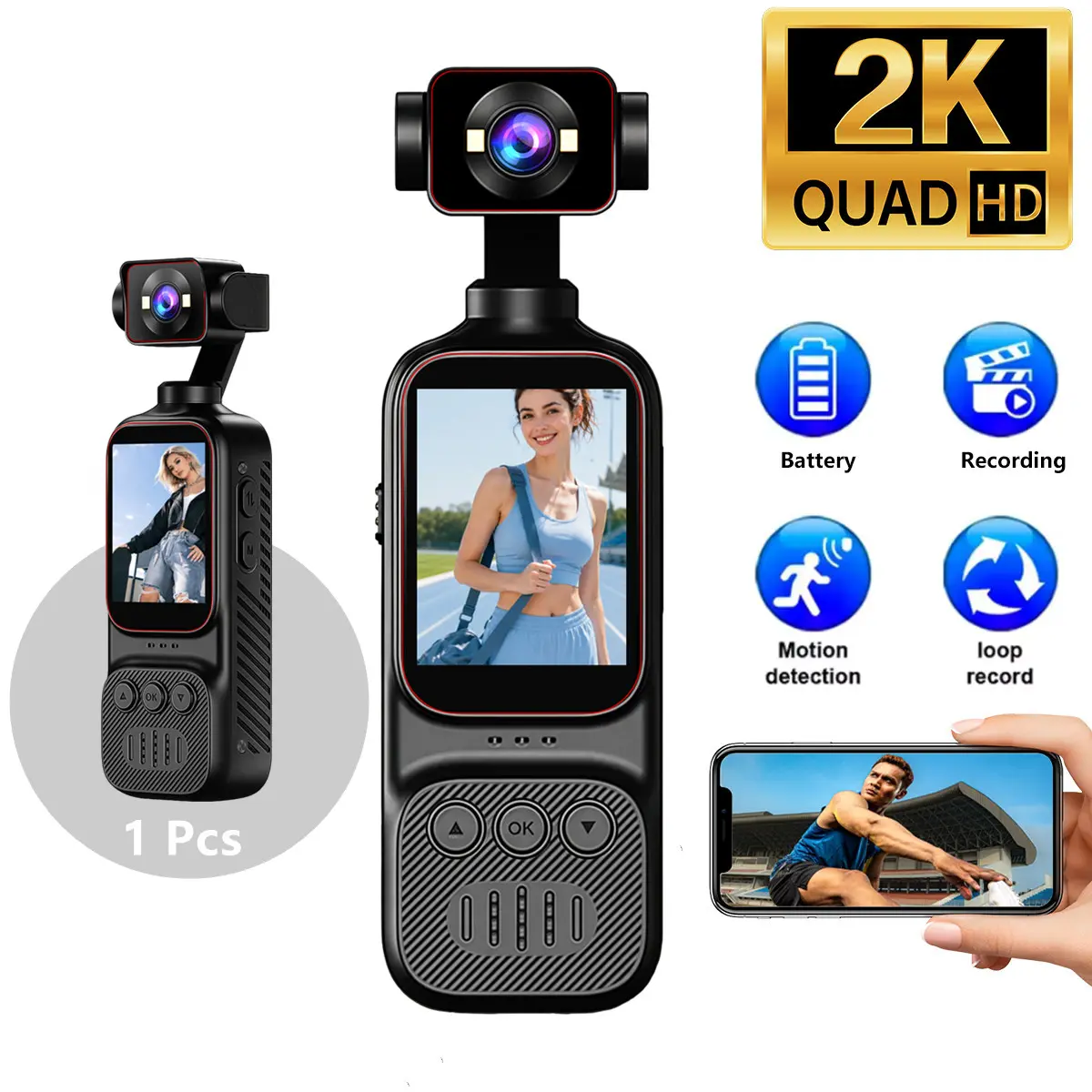 HD Handheld Clip On Body Camera, Mini Video Camcorder, Hot Wifi with Screen Playback, Portable Mini 2K Recorder With 270° Auto Rotating Lens for Vlogging & Outdoor Activities, with 32GB - 64GB SD Card