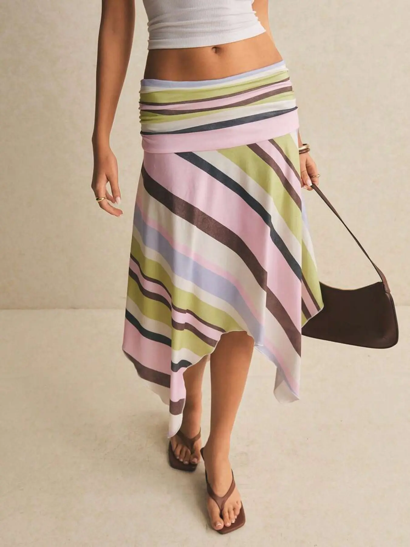 Women's Vacation Striped Asymmetrical Hem Elastic Skirt, Fashionable Elegant Colorblock Casual Skirt, Perfect for Beach, Party, Daily Wear