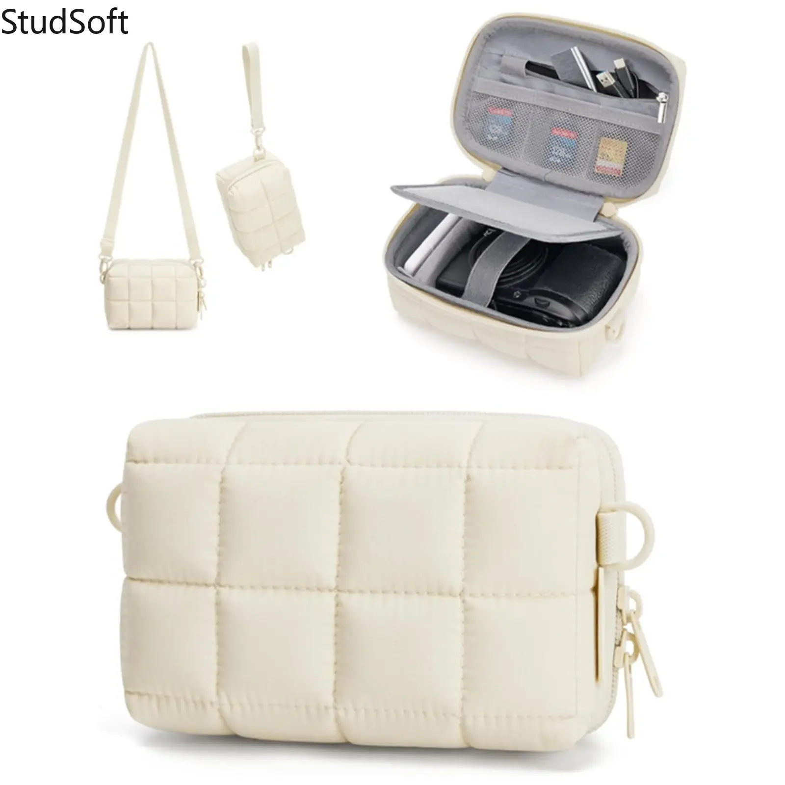 Women's Puffy Quilted Digital Organizer Cute Canvas Electronics Storage Bag Large Multi Compartment Crossbody Tech Pouch Daily Travel Gifts Beige
