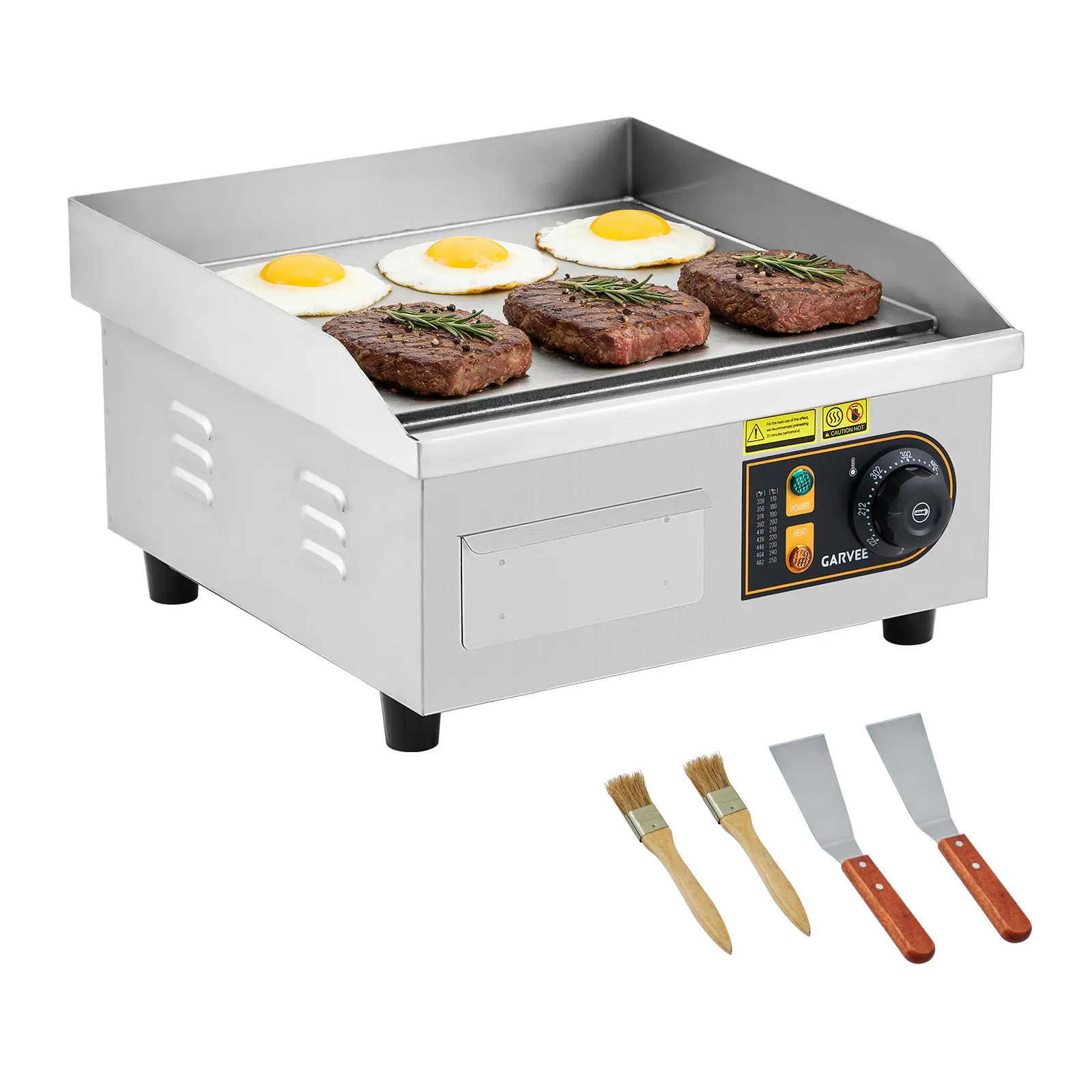 Garvee 14in High-Power Commercial Stainless Steel Corded Electric Griddle - 1750W Flat Top Grill, 120°F-570°F Adjust Temp, Removable Tray, Easy Clean, 1.3m US Standard Power Cord, Single Control Kitchen Equipment for Restaurant/Home
