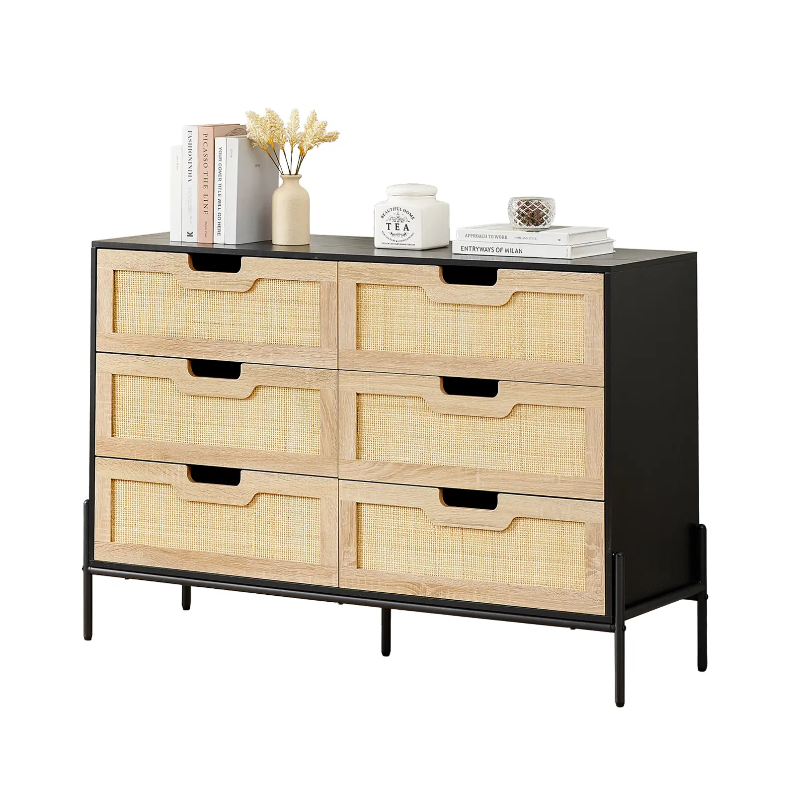 47.2-Inch Wide Rattan 6-Drawer Dresser, Modern Boho Chest of Drawers with Natural Cane Fronts, Black Engineered Wood Cabinet, Sturdy Metal Frame and Anti-Tip Kit for Bedroom, Nursery, Living Room, Hallway or Entryway Clothing Storage Organizer