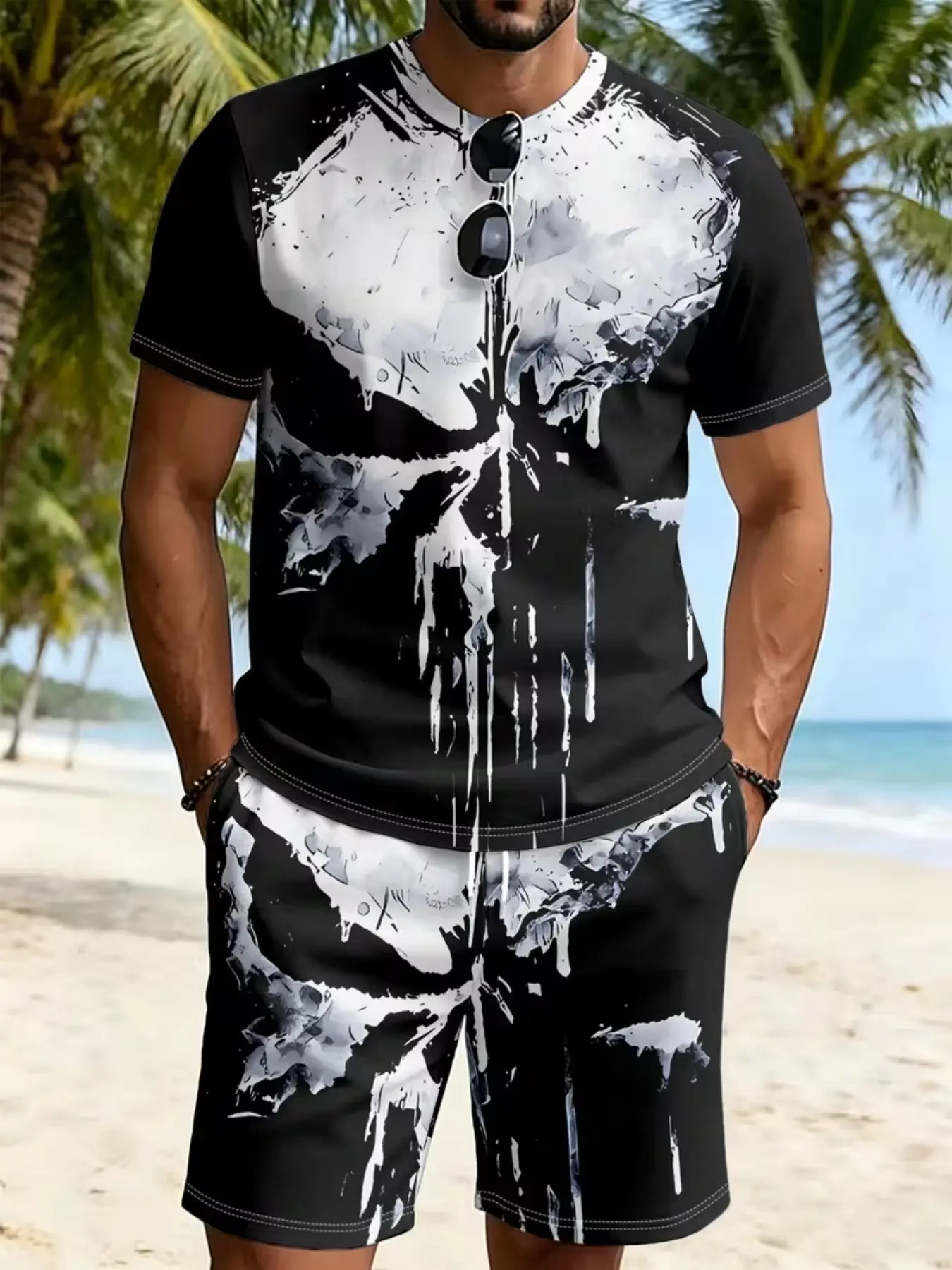 Men's Short Sleeve Tee Set, Punisher Skull Print, Polyester Fabric, Casual Street Style, Breathable Comfort, Summer Sports