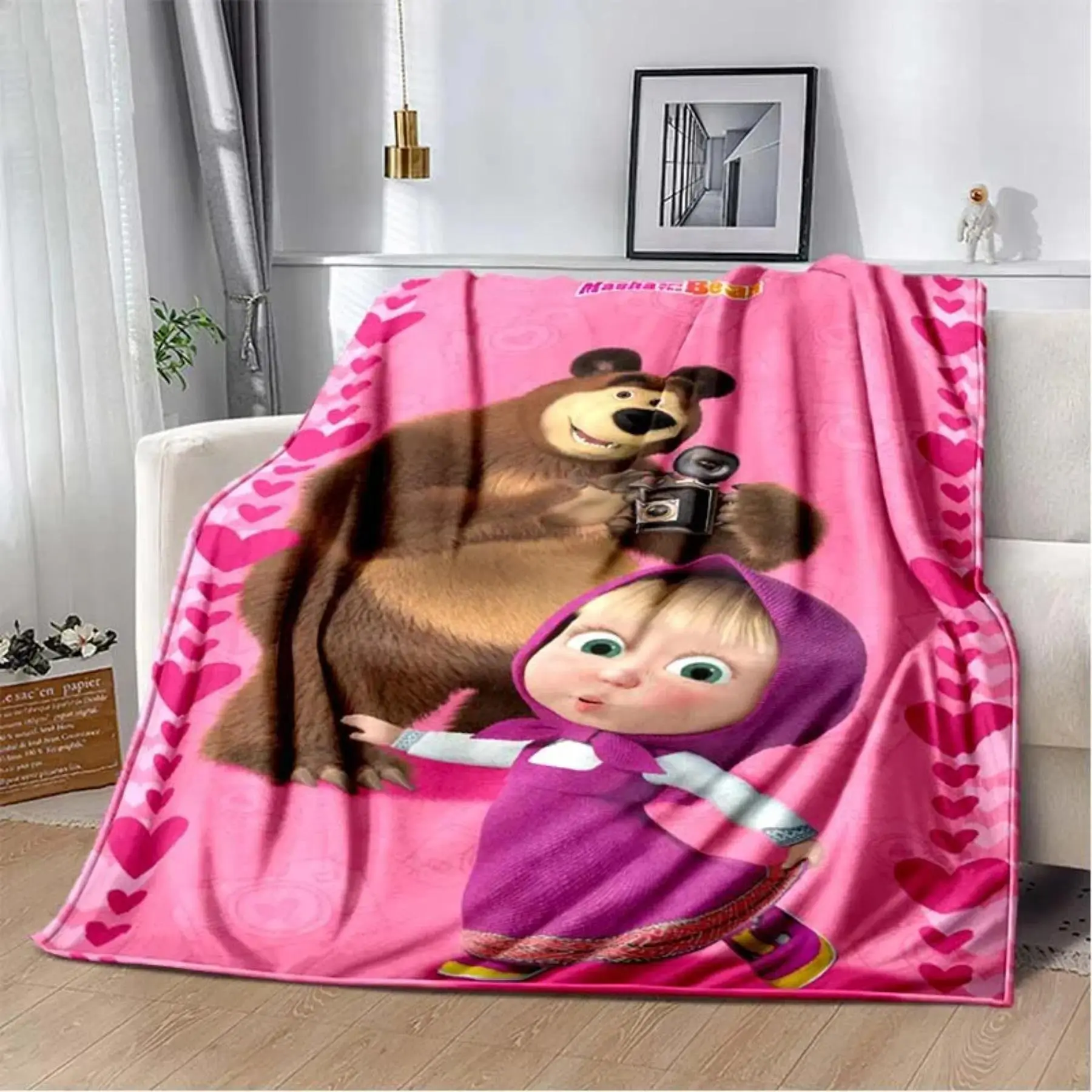 3D Cute Masha and Bear Cartoon Flannel Fabric Throw Blanket - Polyester, Super Soft Cooling Multifunctional Blanket for Sofa, Travel, Kids - Living Room Decor, Cartoon Vibes Birthday Holiday Gift, Travel & Home