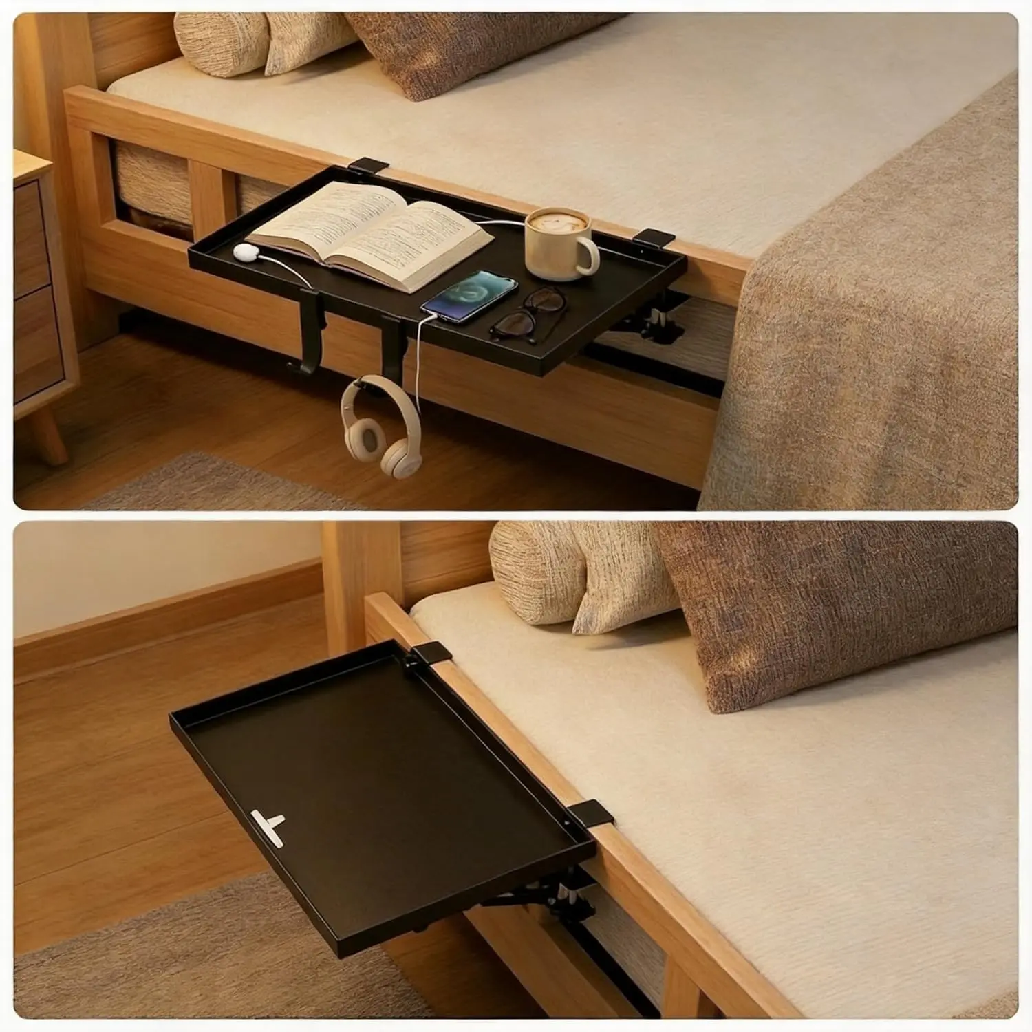 Foldable Bedside Shelf Set, Clip-On Bed Shelf with T-Shaped Cord Hole & Hook, Clip-On Table for Top Bunk, Clip-On Nightstand for College Dorm Loft Bed