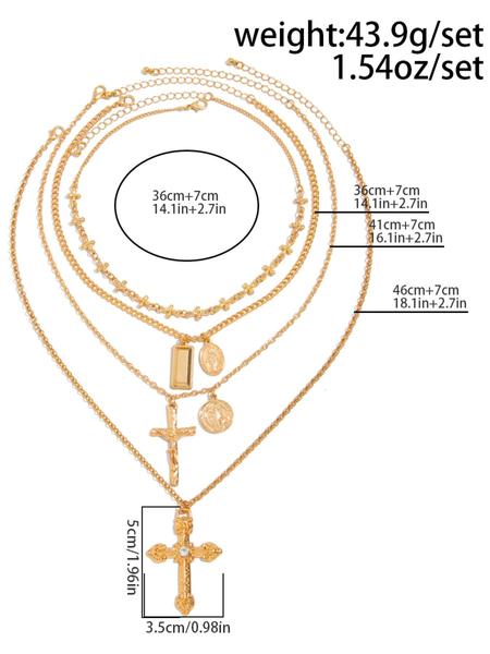 4-Piece Vintage Metal Geometric Circle Pendant Layered Necklace Set, Women's Punk Style Jesus Cross Pendant Jewelry, Unique Fashion Accessories