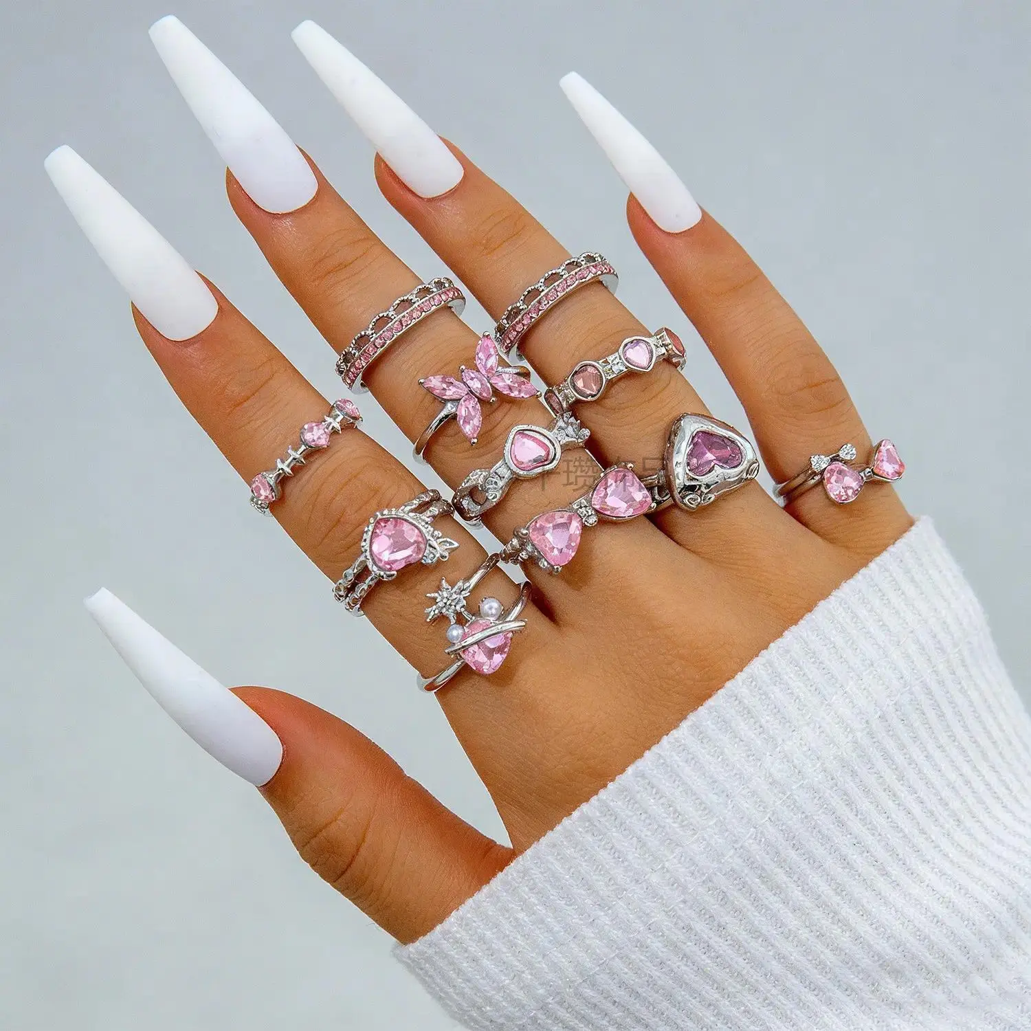 10PCS Pink Crystal Rings Set Silver Butterfly Heart Stackable Rings Coquette Aesthetic Jewelry Y2K Girls School Dorm Party Birthday Gift Idea