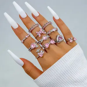 10PCS Pink Crystal Rings Set Silver Butterfly Heart Stackable Rings Coquette Aesthetic Jewelry Y2K Girls School Dorm Party Birthday Gift Idea