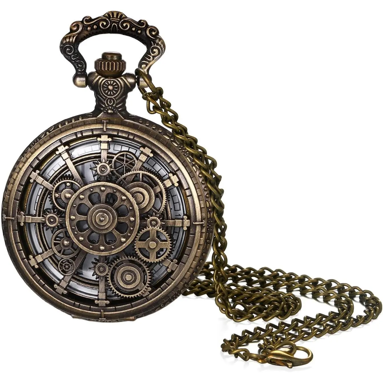 Steampunk Gear Pocket Watch: Men Women Skeleton Arabic Numeral Dial Embossed Hollow Carving Fob Half Hunter Timepiece with Chain