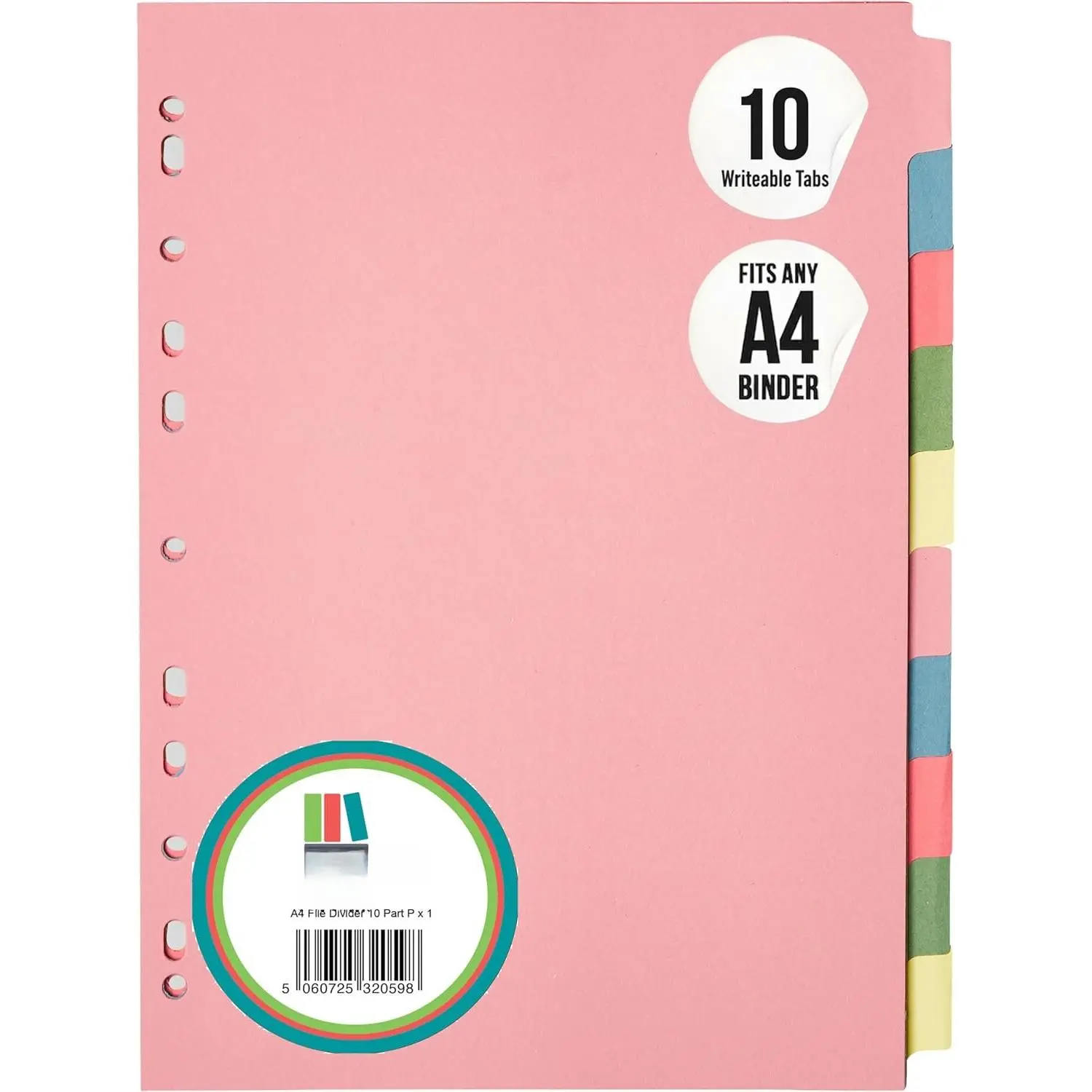 10 Tab Dividers for 3-Ring File - 1 Pack, A4 Size, Coloured Blank Writeable Tabs, Fits A4 Binders, for School Office Use, Office Stationery Accessory