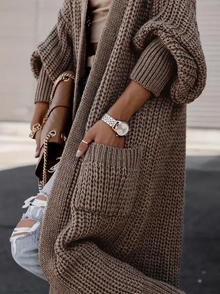 Women's Solid Drop Shoulder Pocket Cardigan, Casual Long Sleeve Open Front Knitwear for Fall & Winter, Women's Plus Clothing for Daily Wear, Sweater