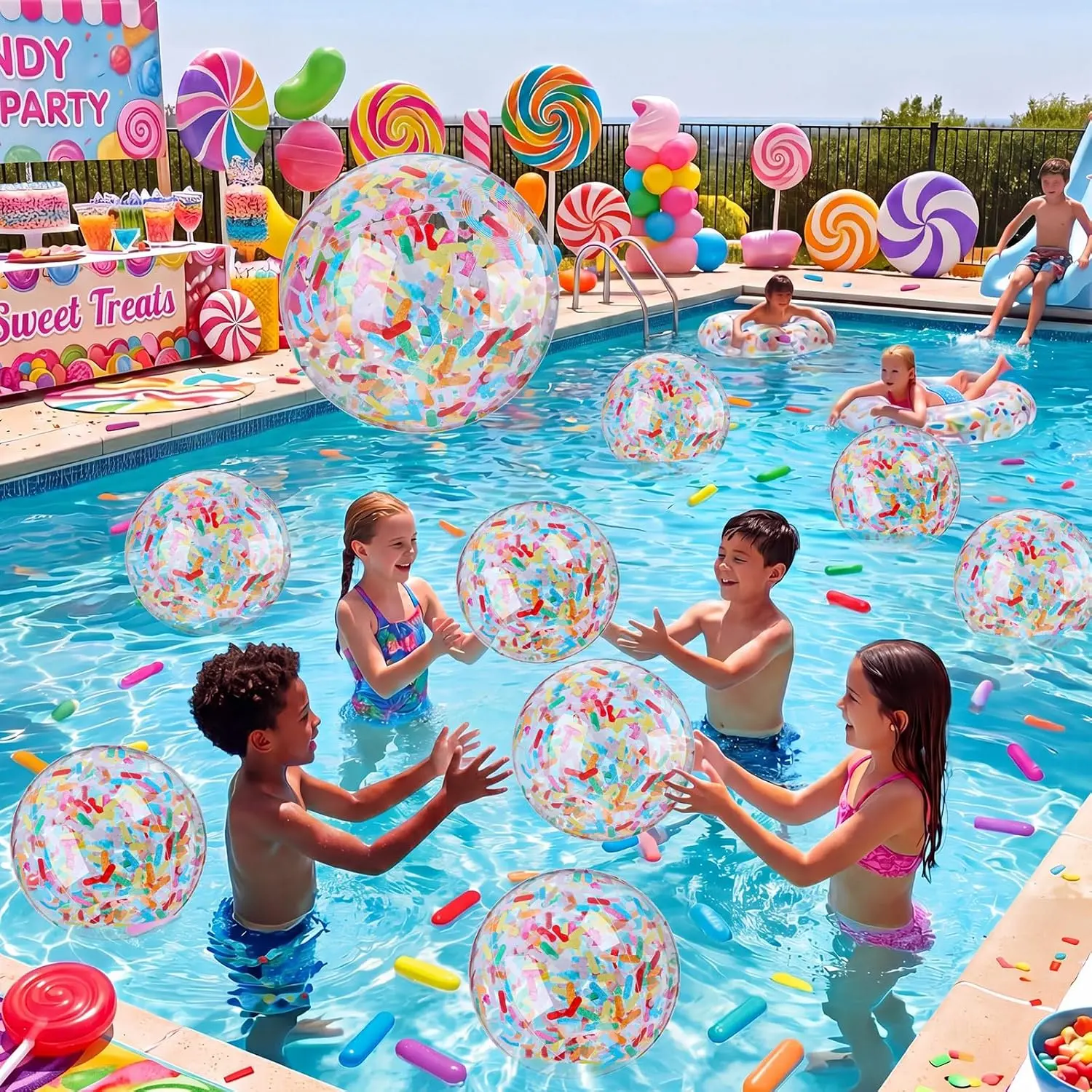 6-Inch Glitter Confetti Vinyl Folding Floating Ball Water Balloons - 24-Piece Set for Birthday Donut Theme Party, Summer Swimming