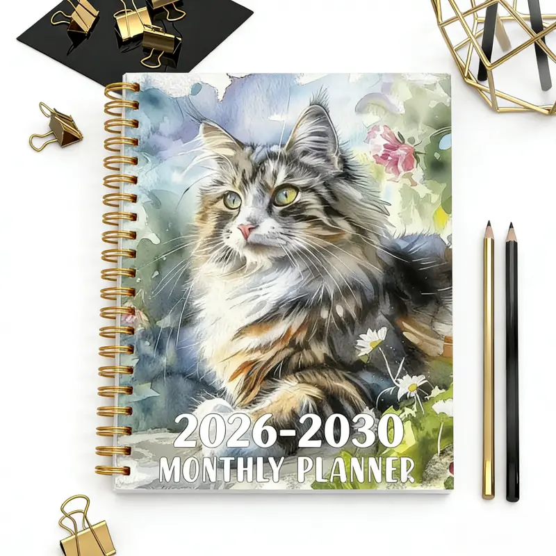 2026-2030 Monthly Custom Calendar, Monthly Calendar Planner, Kitten and Flower Cover Design Notebook, Month Tabs, 13.97 cm x 21.08 cm, 71 Sheets / 142 Pages of Thick Paper
