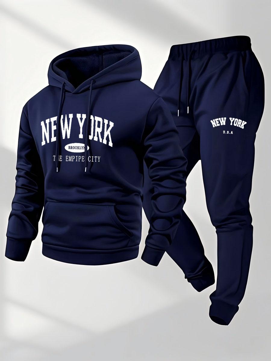 Men's New York Printed Hoodie Sportswear Set - Polyester Sportswear Set with Pocket, Long Sleeve, Loose Style, Knitted Fabric, Autumn/Winter, Slightly Elastic