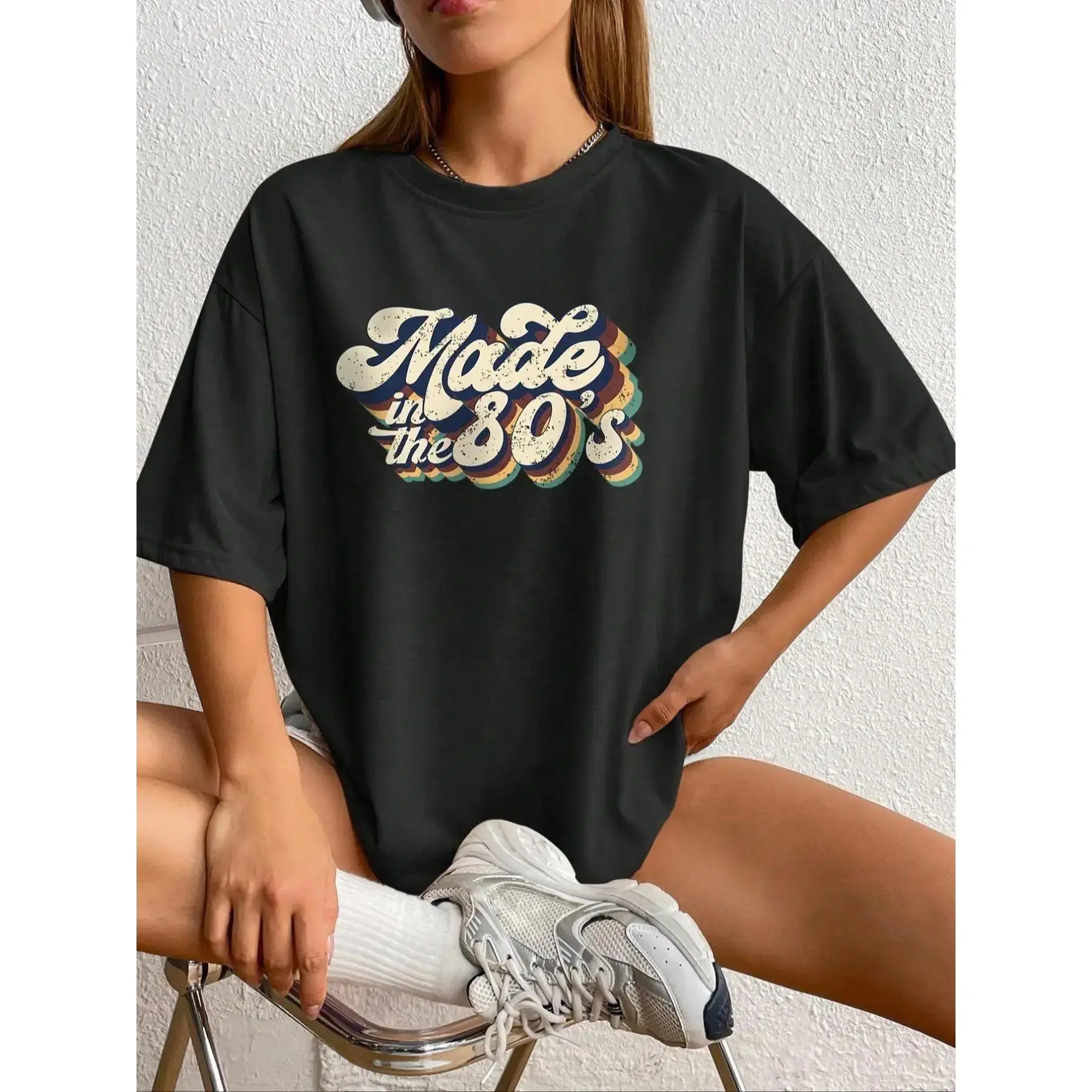 Made In The 80s Retro Wavy Font Graphic T-Shirt, Vintage 80s Rainbow Striped Print Tee, Oversized [100% cotton] Shirt, Groovy Casual Short Sleeve Top, 80s Nostalgia Cotton Tee for Retro Outfits and Birthday Gifts
