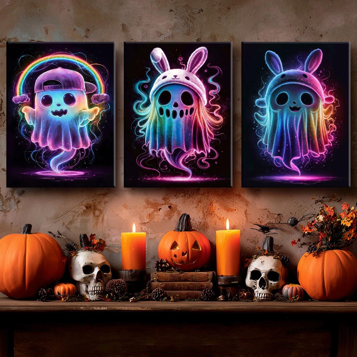 3 Counts Wooden Framed Canvas, Rainbow Ghost Poster, Halloween Home Poster, Halloween Party Decorations, Living Room And Bedroom Hanging Paintings, Horror Theme, Interesting Posters, Exquisite Gifts, High-Definition Art